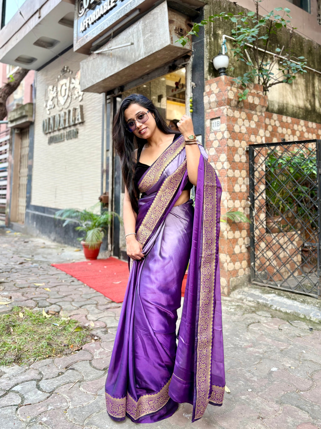 Purple Satin Georgette ombré saree