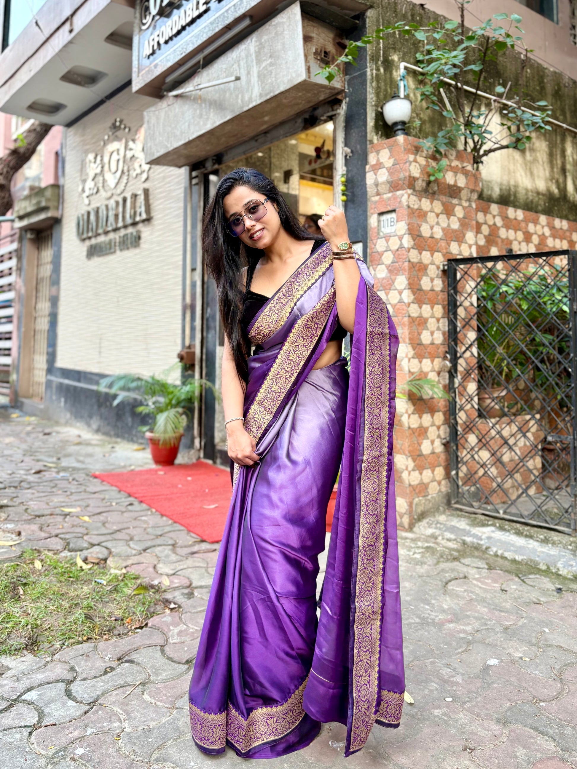 Purple Satin Georgette ombré saree