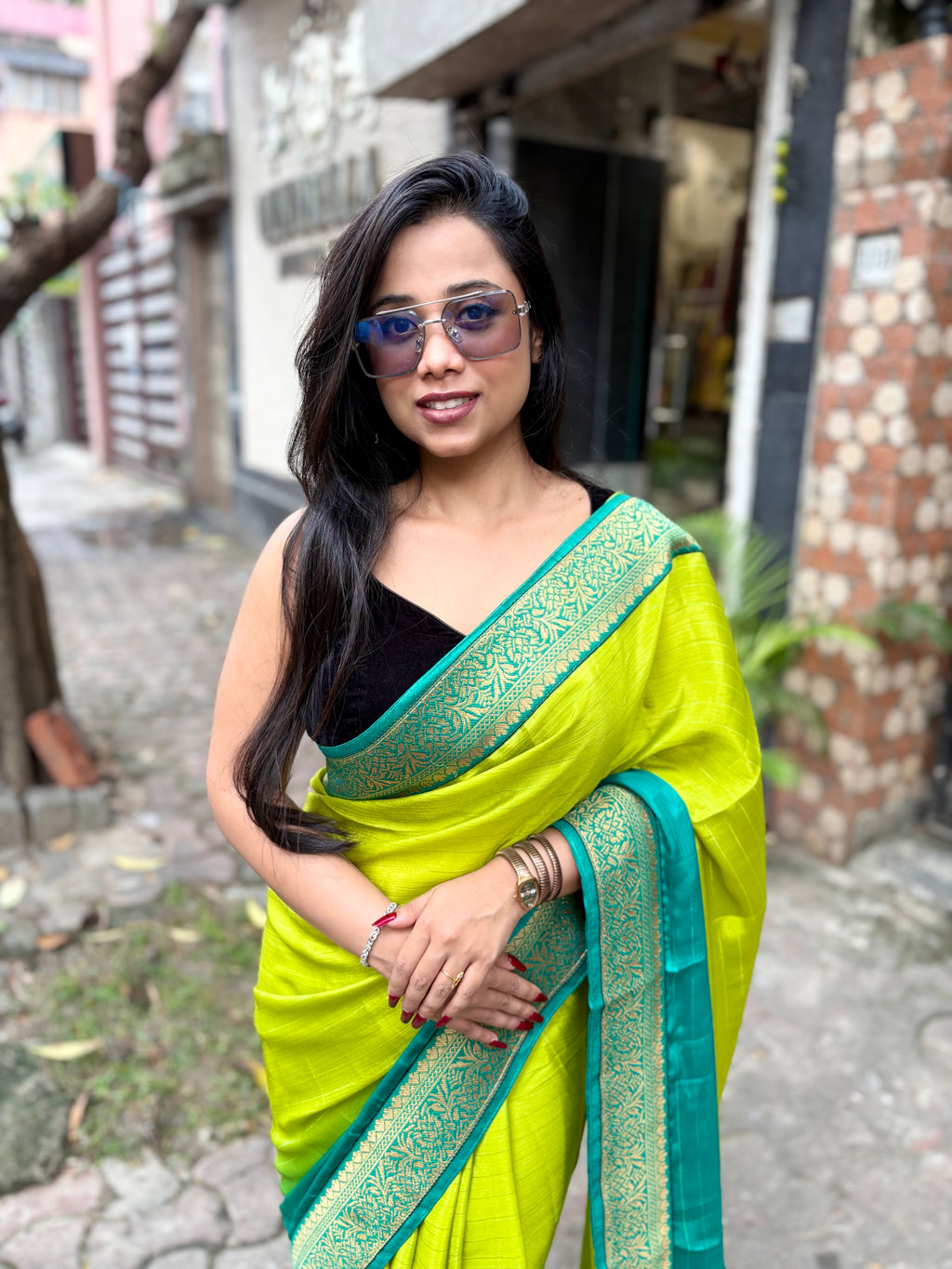 Green Satin Georgette ombré saree