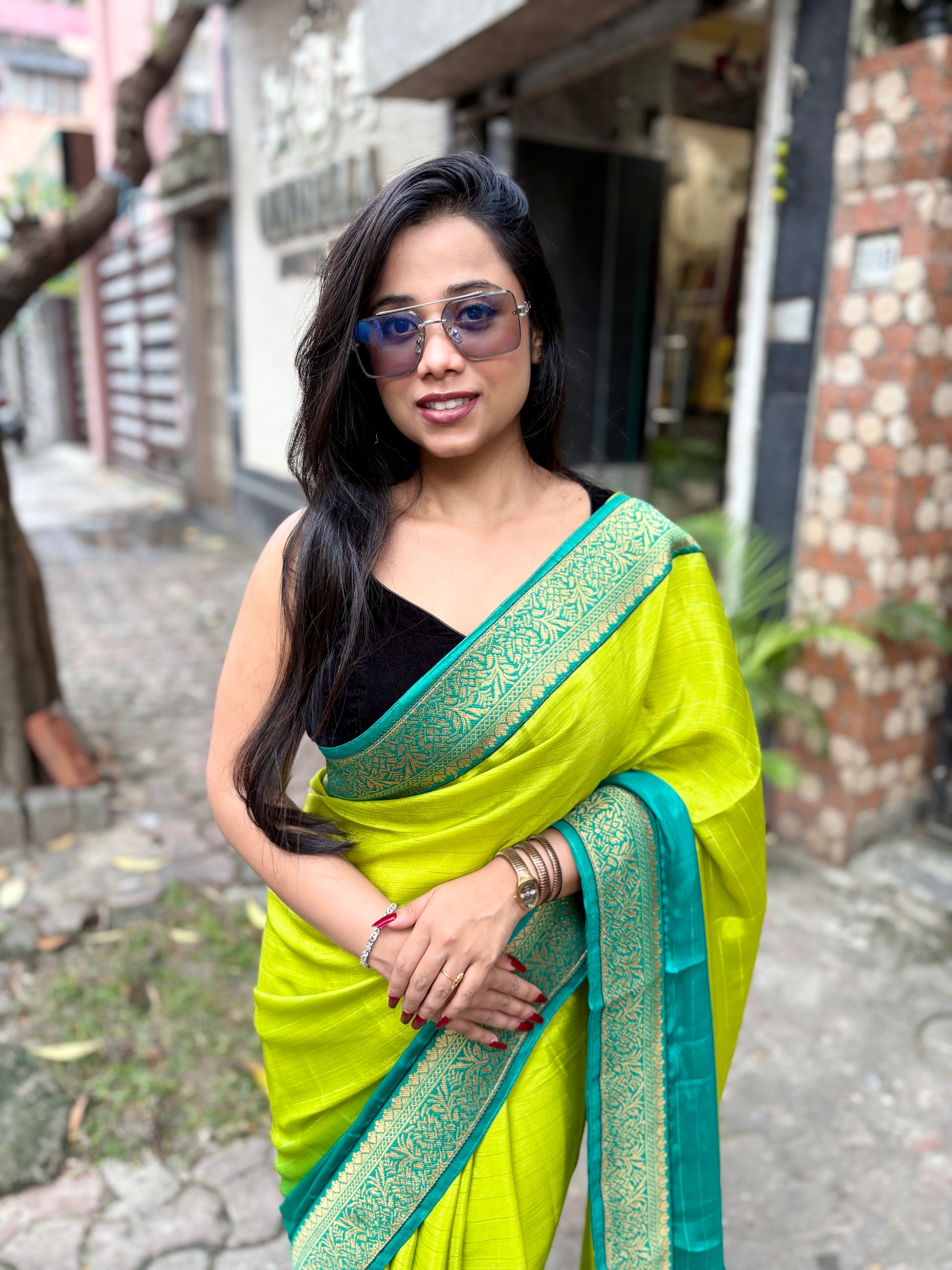 Green Satin Georgette ombré saree