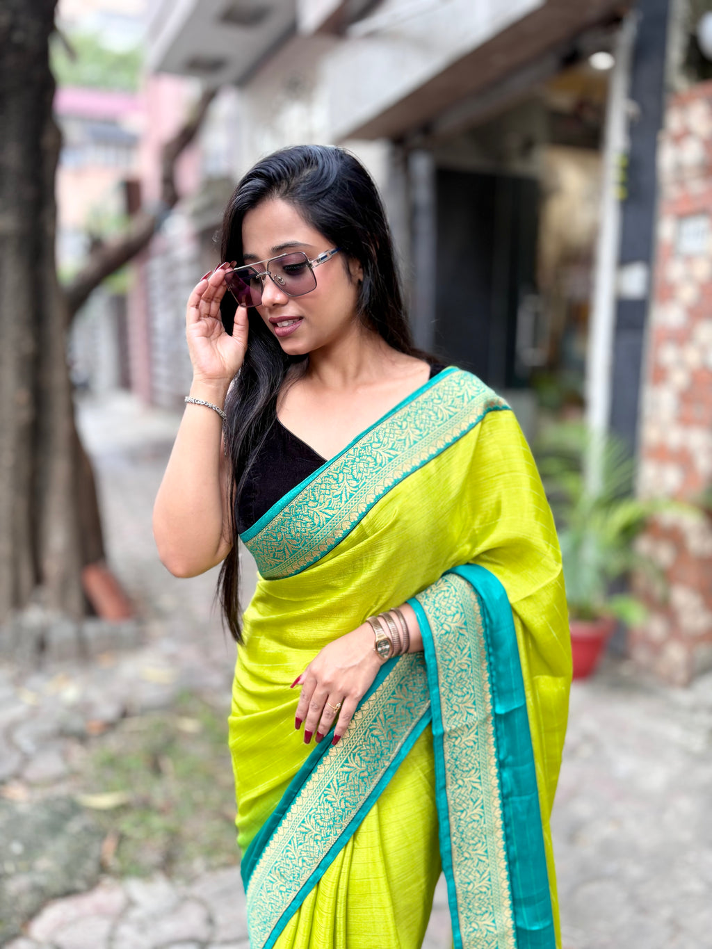 Green Satin Georgette ombré saree