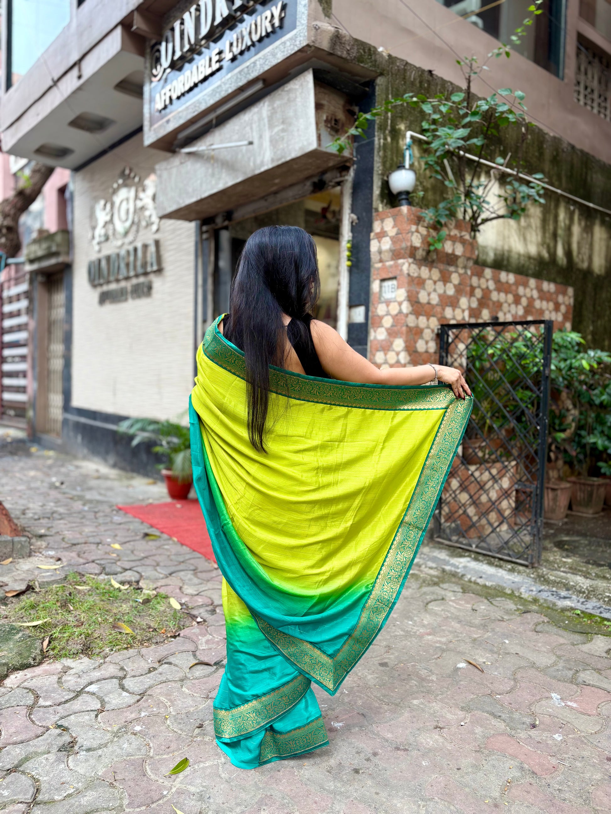 Green Satin Georgette ombré saree