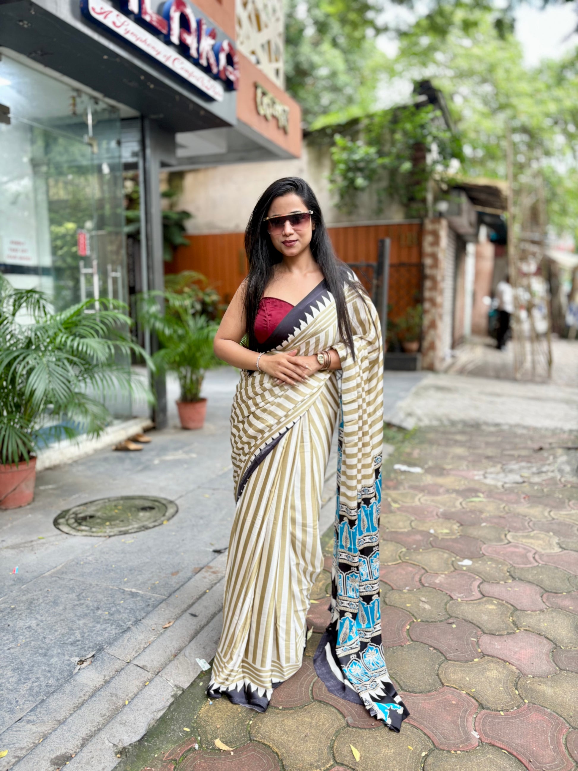 Ajrakh temple blue pallu saree