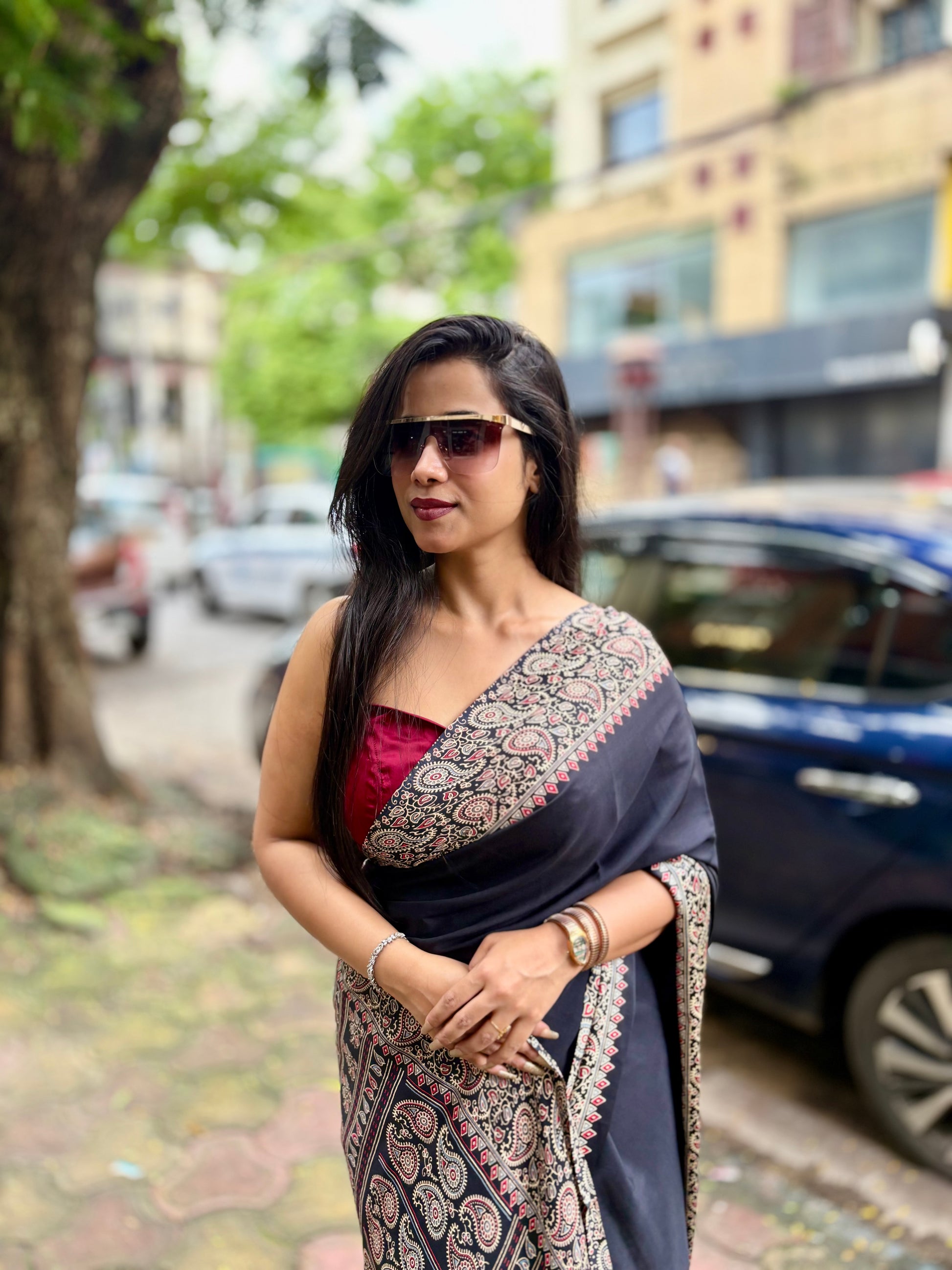 Ajrakh kolka saree