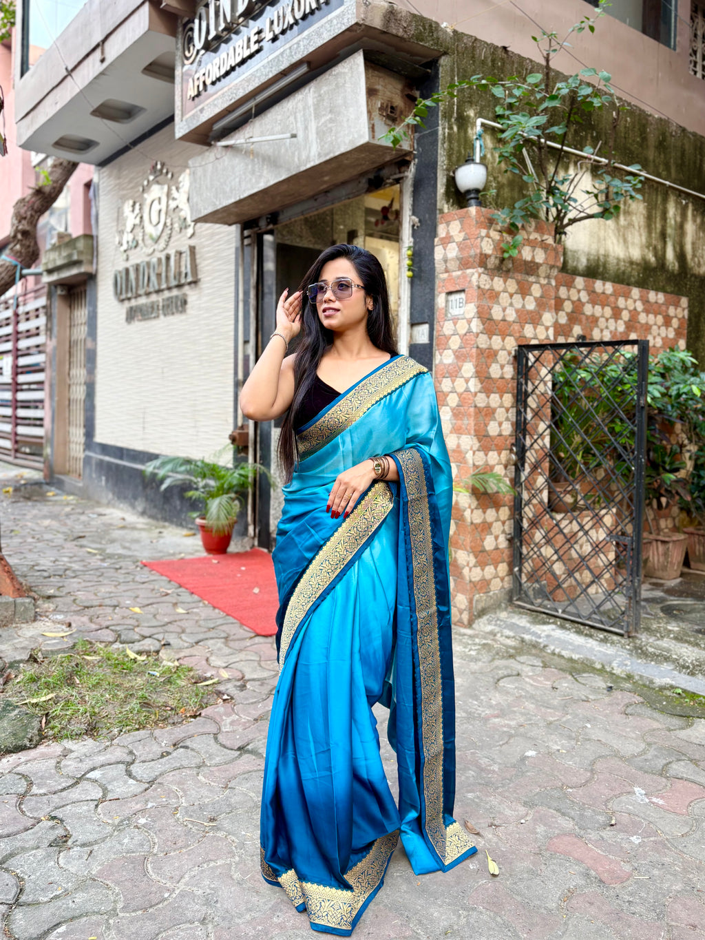 Blue Satin Georgette ombré saree