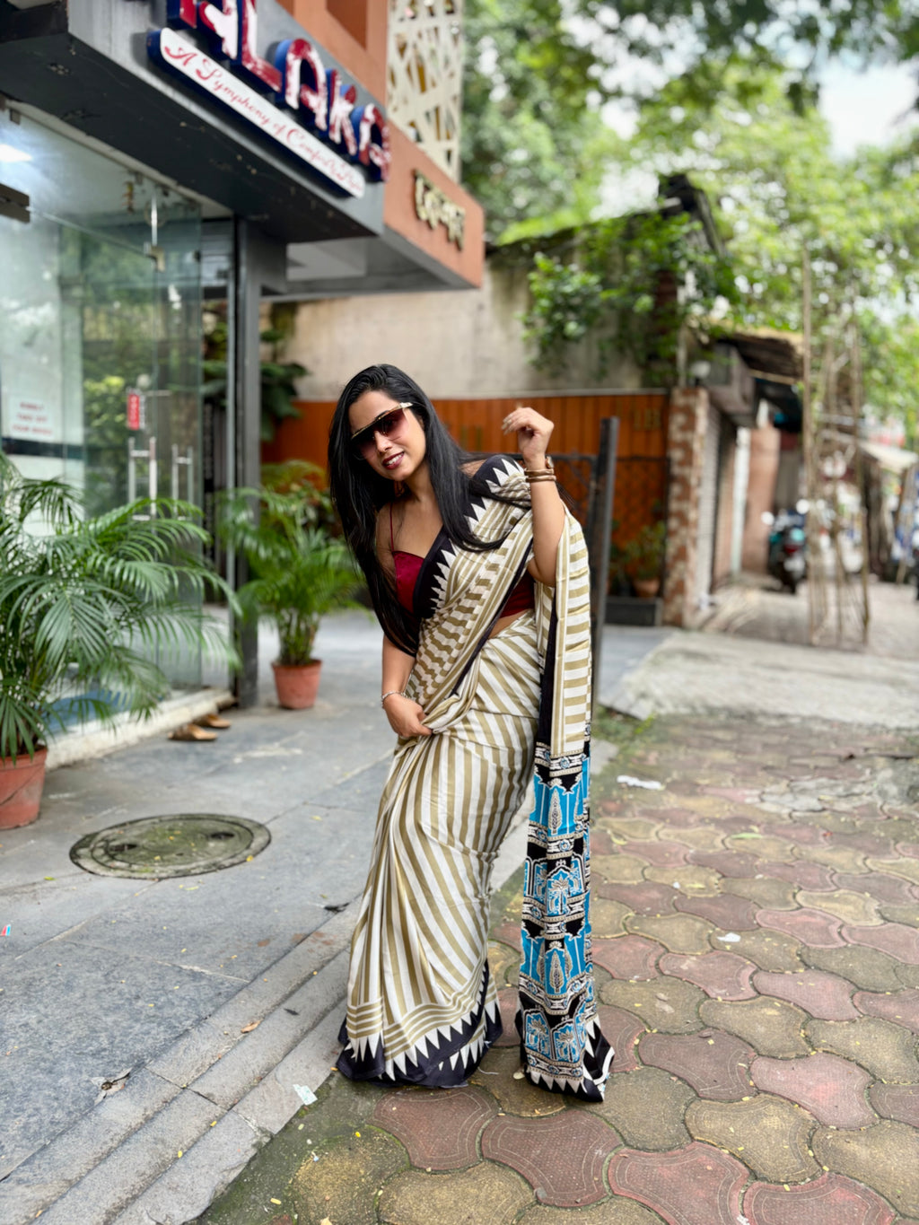 Ajrakh temple blue pallu saree