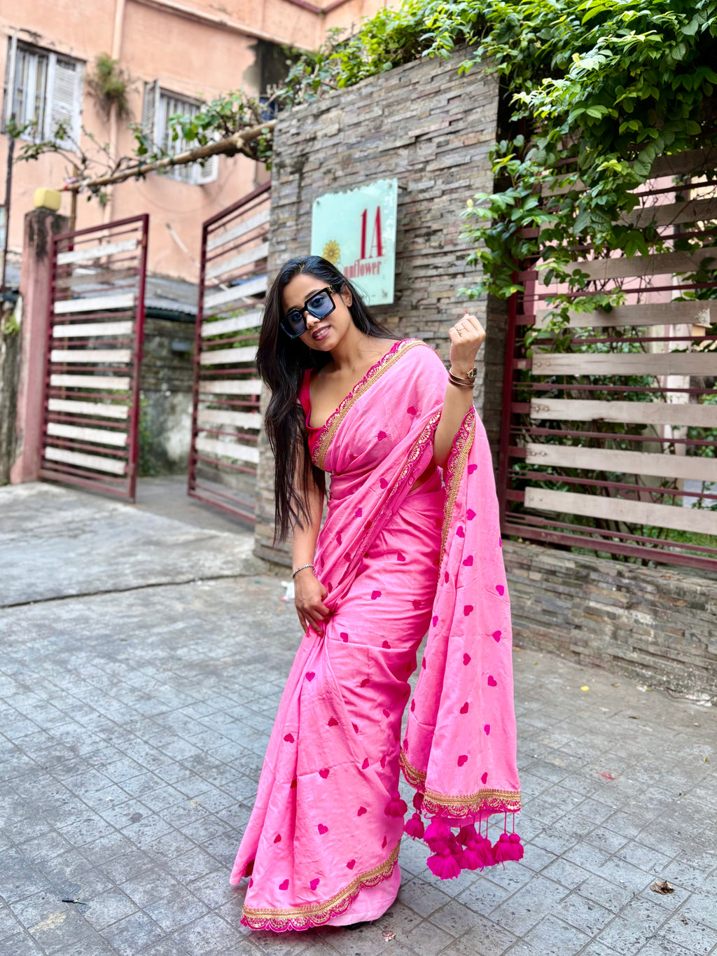 Heart Cotton Pink Saree with Scallop Zari Border