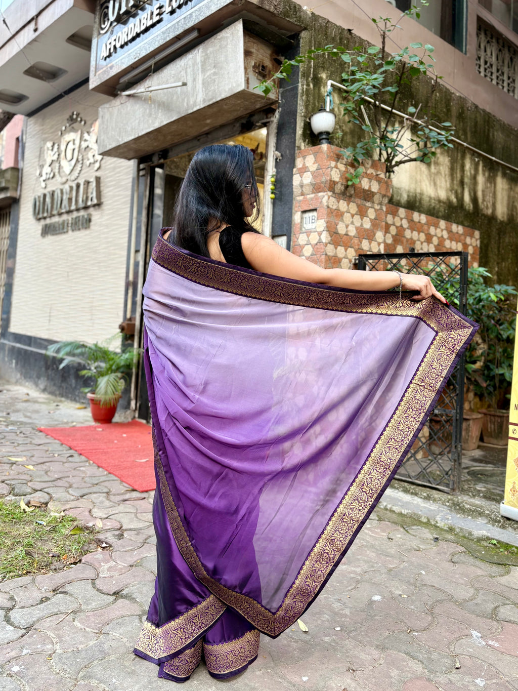 Purple Satin Georgette ombré saree