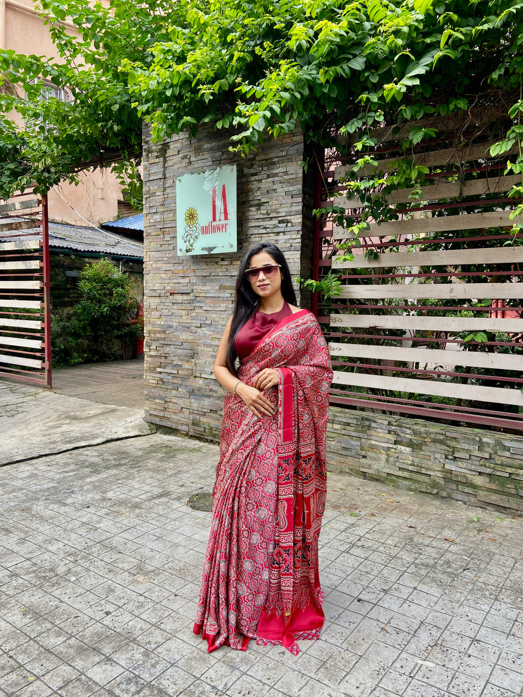 Maroon ajrakh saree
