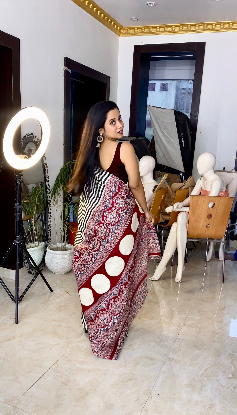 Ajrakh achal stripe saree