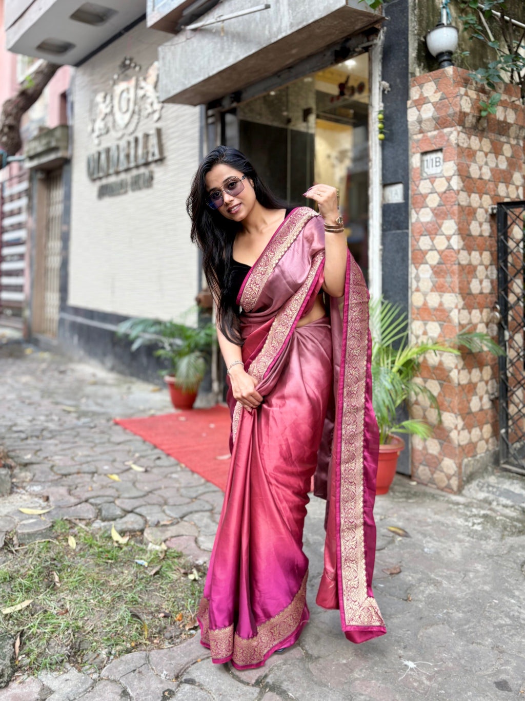 Pink Satin Georgette ombré saree