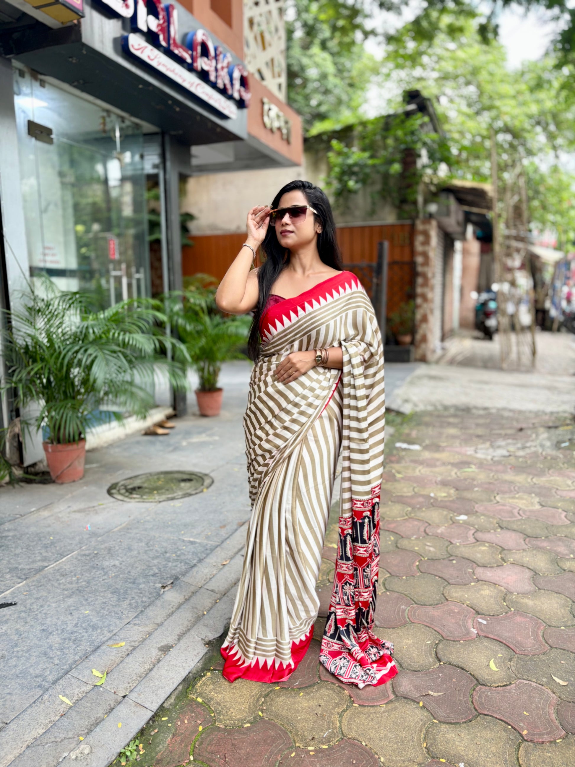 Ajrakh temple red pallu saree