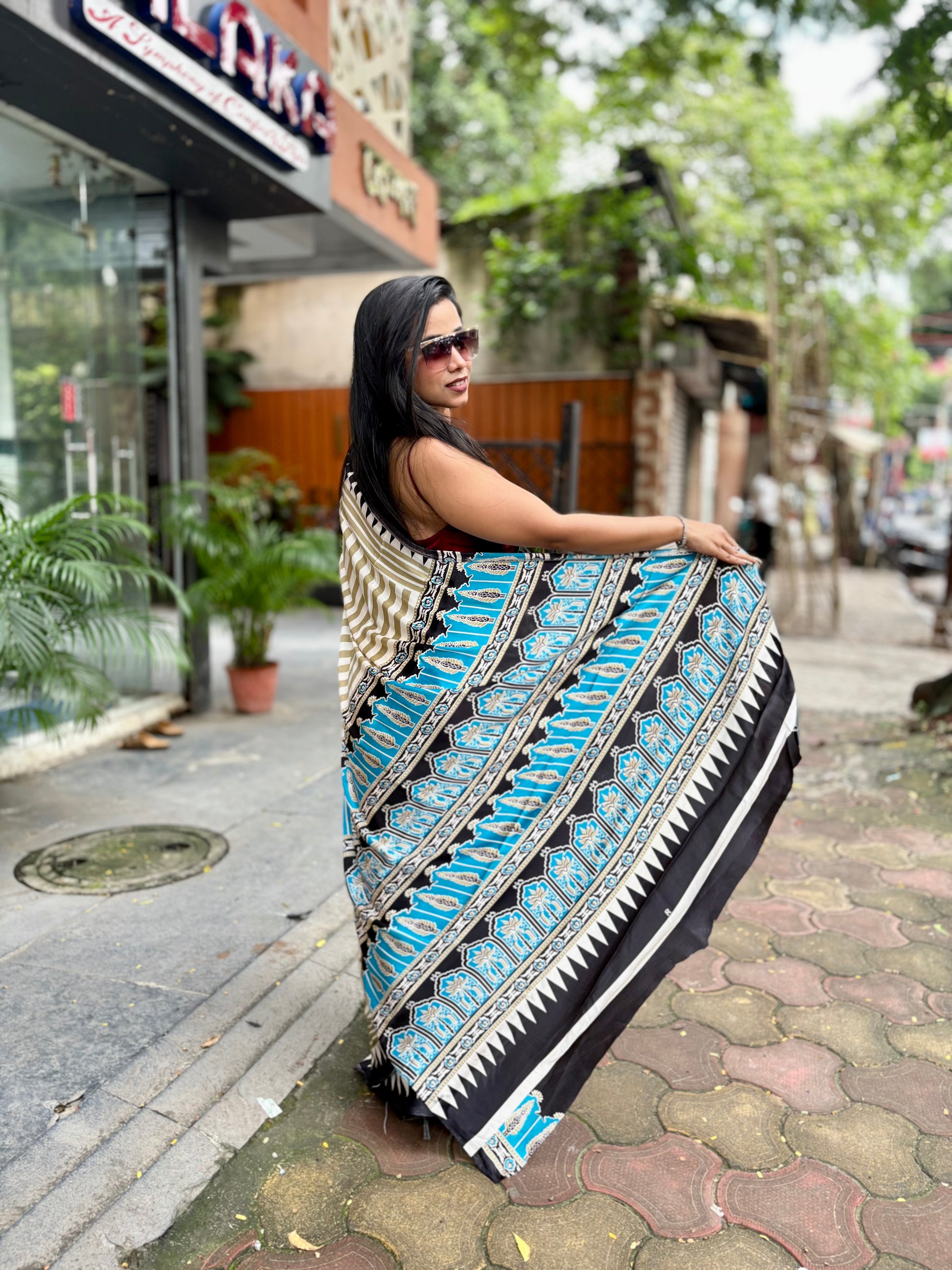 Ajrakh temple blue pallu saree