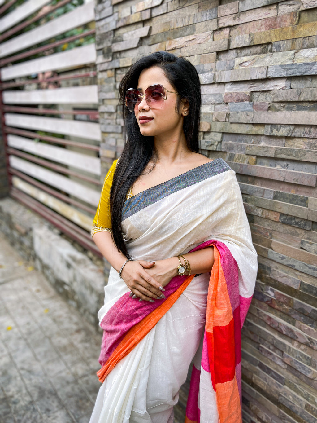 Tricolor Cotton Blend Sarees