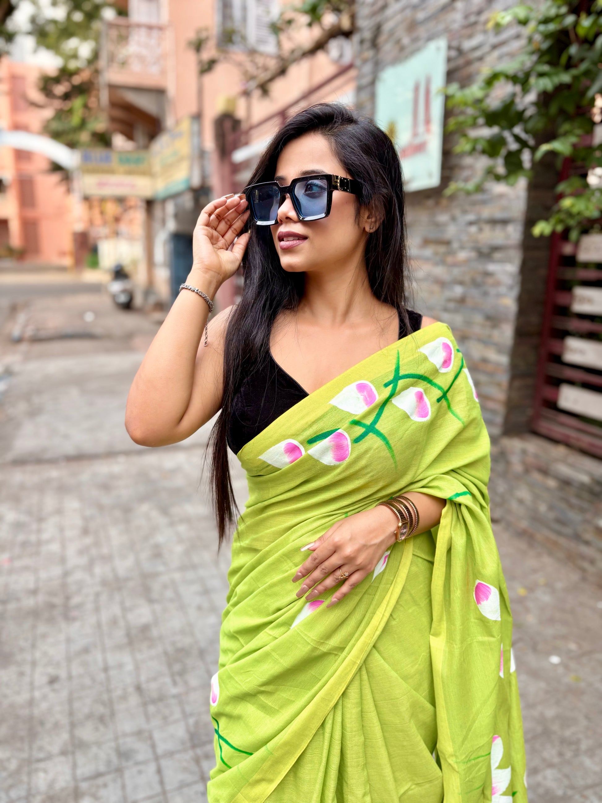 Hand painted lotus green saree