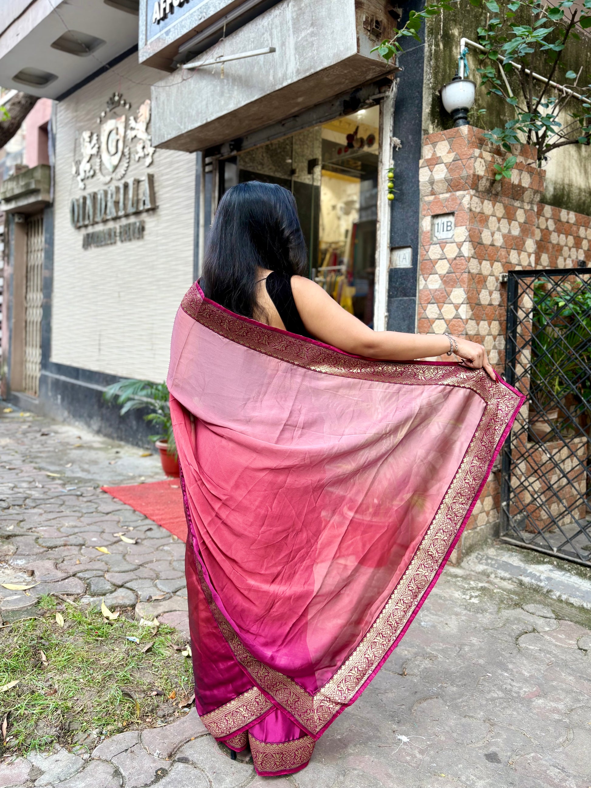 Pink Satin Georgette ombré saree