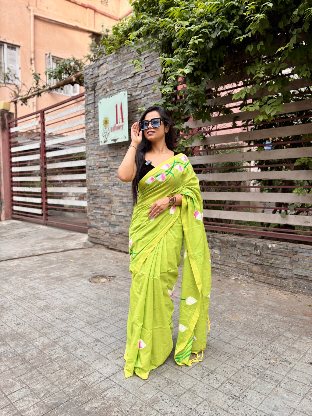 Hand painted lotus green saree