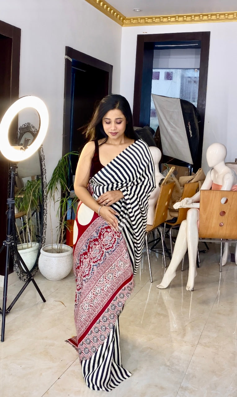 Ajrakh achal stripe saree