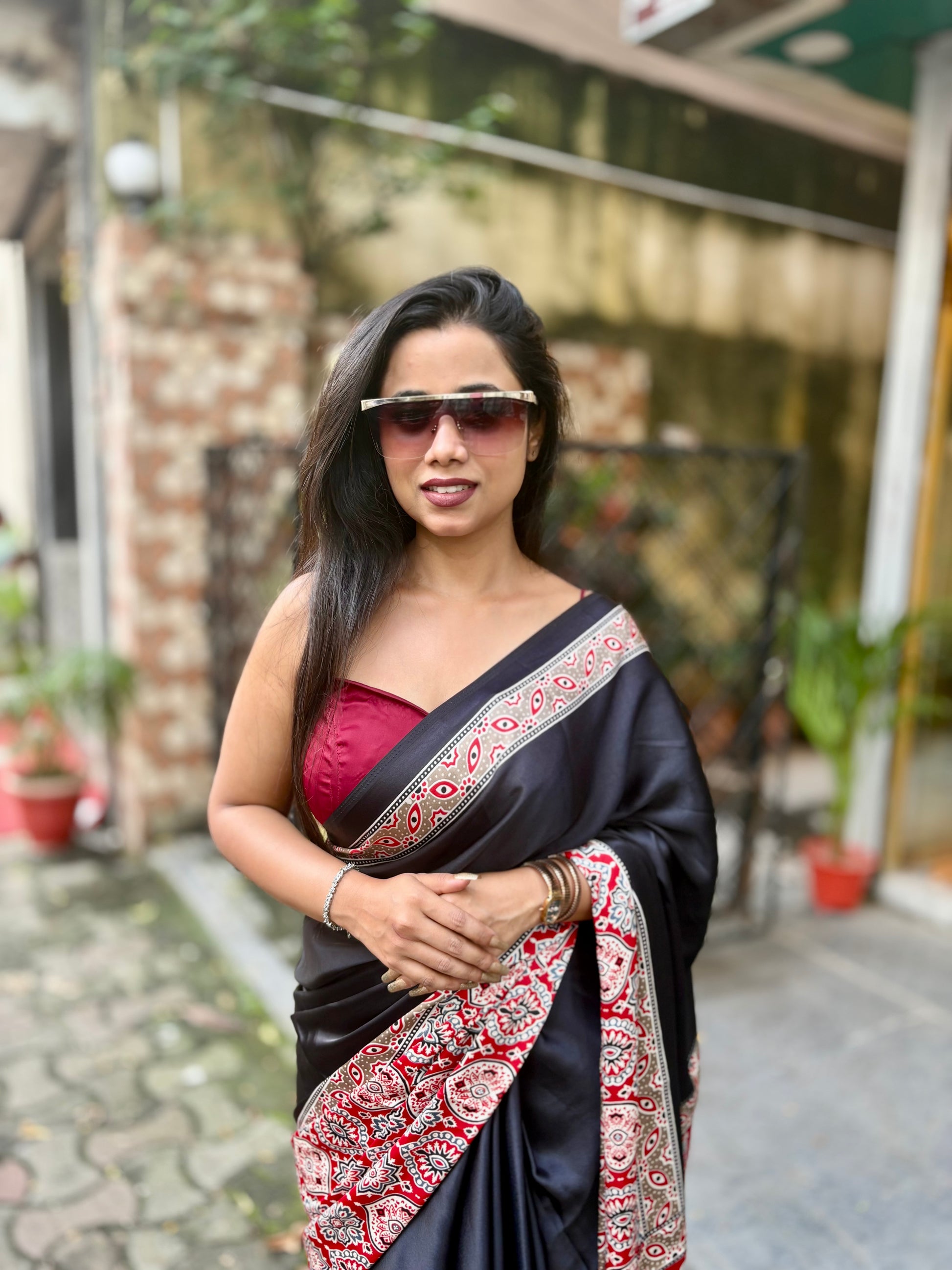 Ajrakh thick border saree