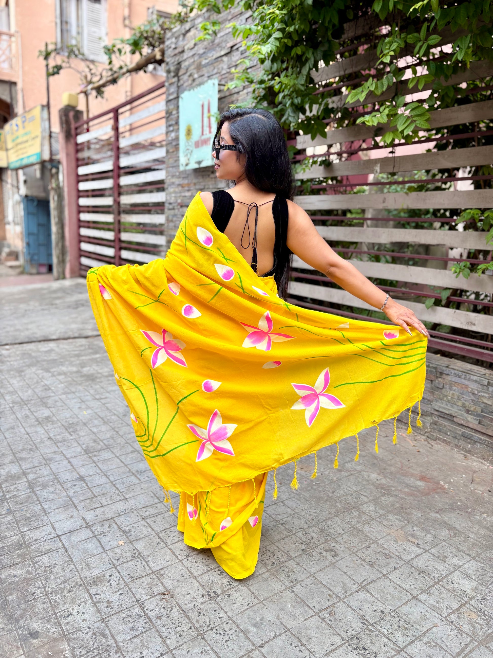 Hand painted lotus yellow saree