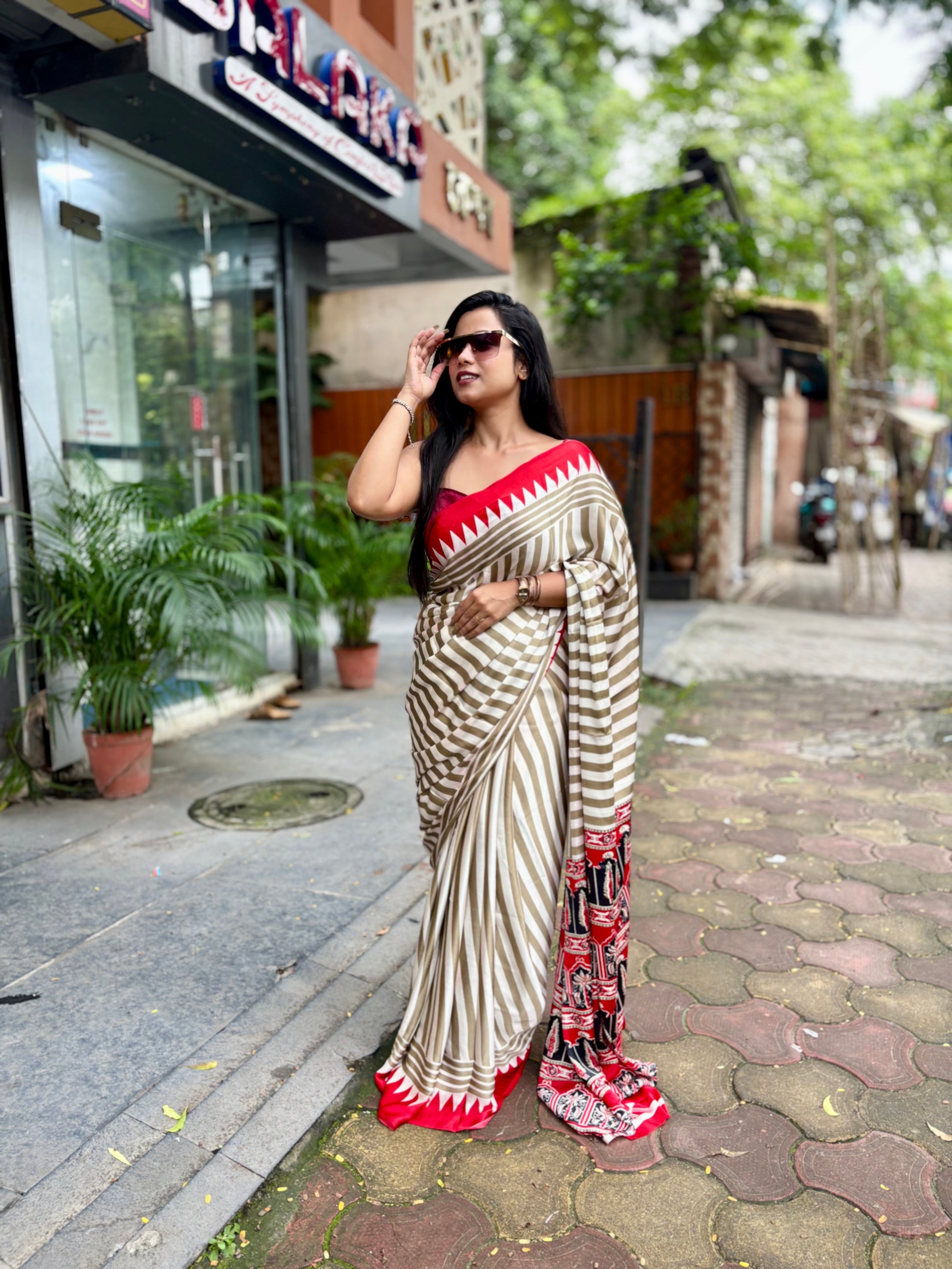 Ajrakh temple red pallu saree