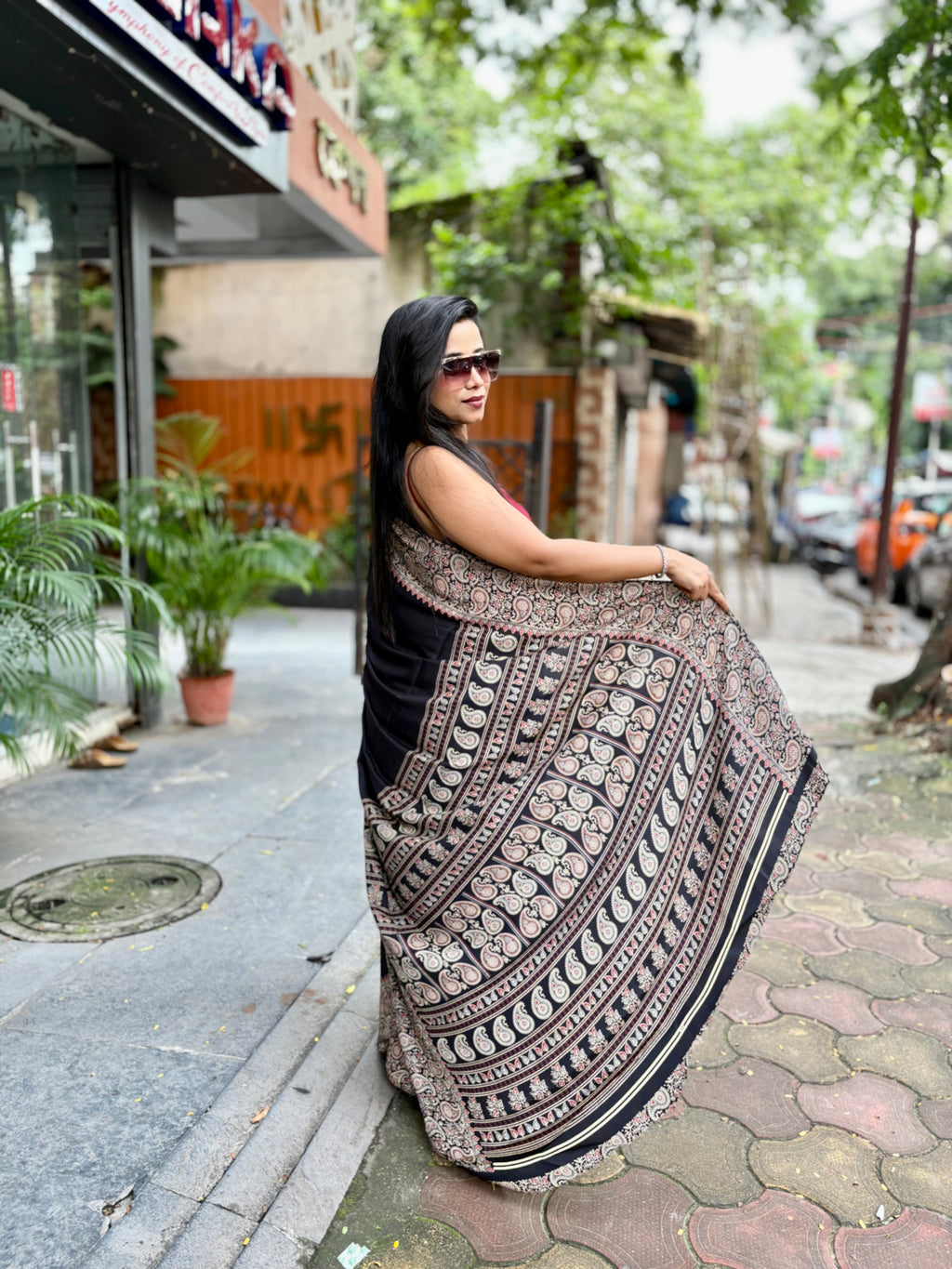 Ajrakh kolka saree
