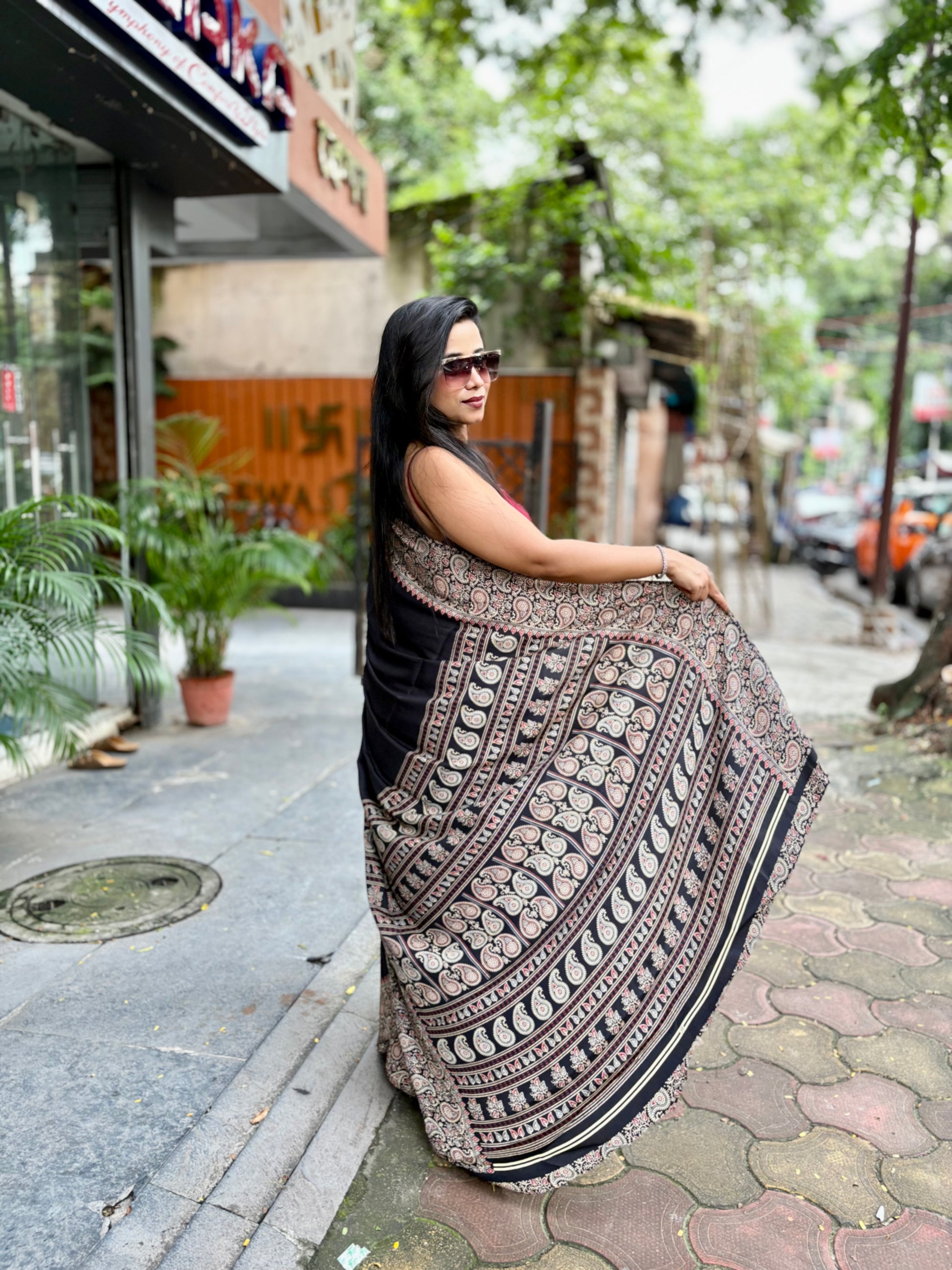 Ajrakh kolka saree