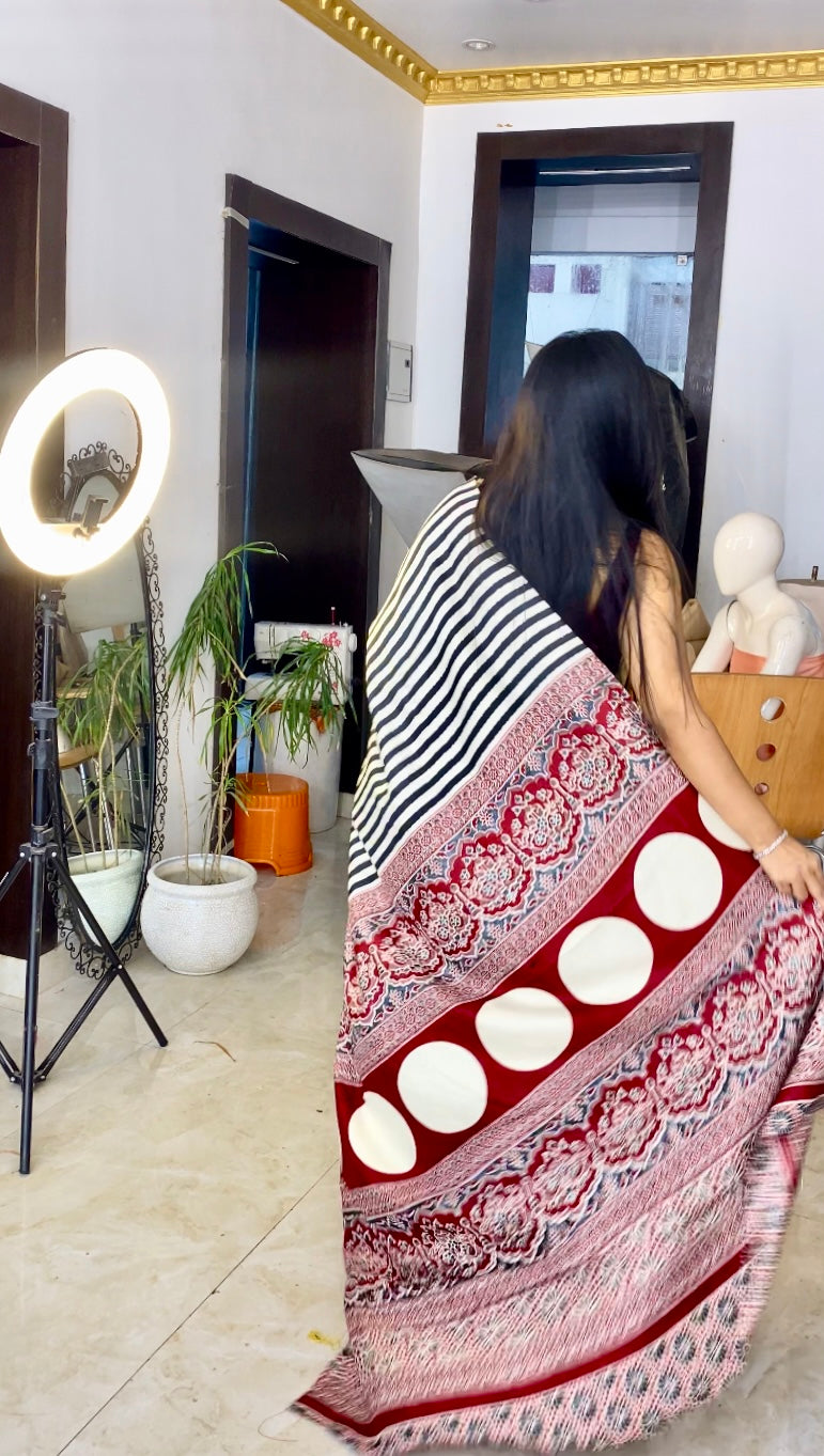 Ajrakh achal stripe saree