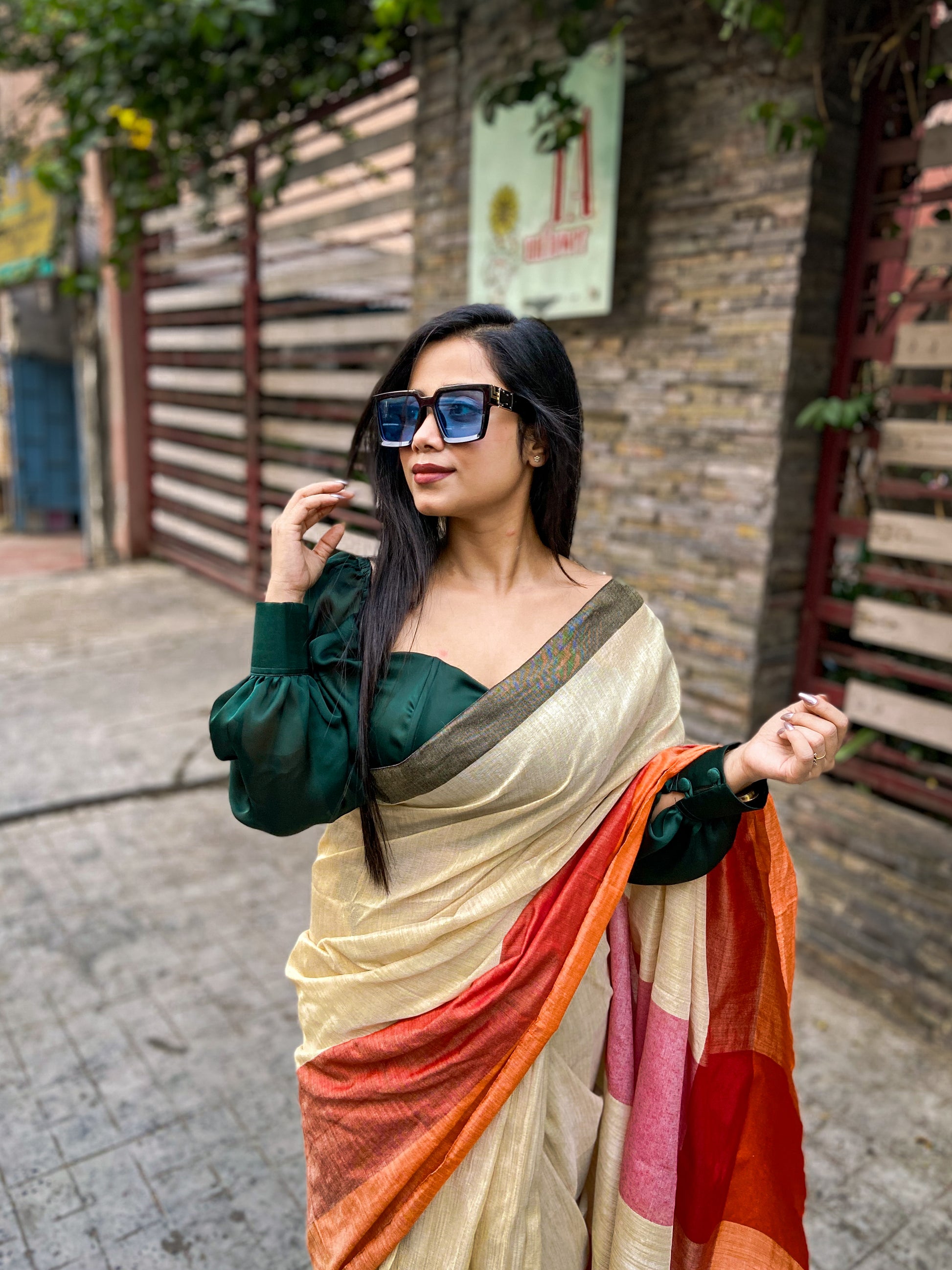 Tricolour Cotton Blend Saree