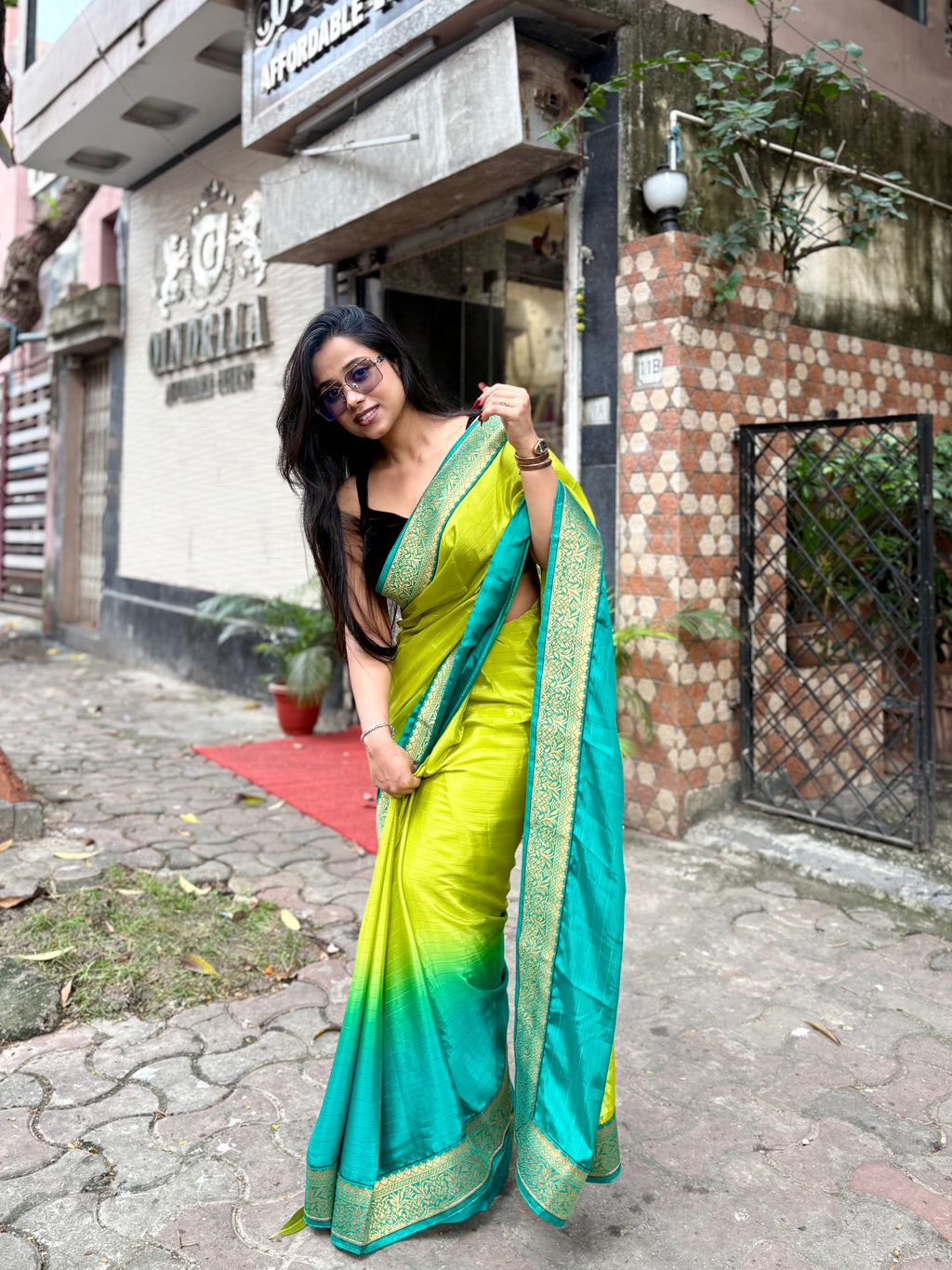 Green Satin Georgette ombré saree