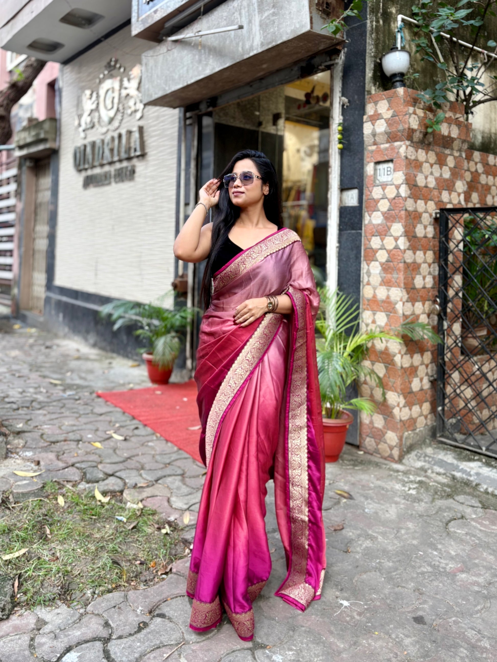 Pink Satin Georgette ombré saree