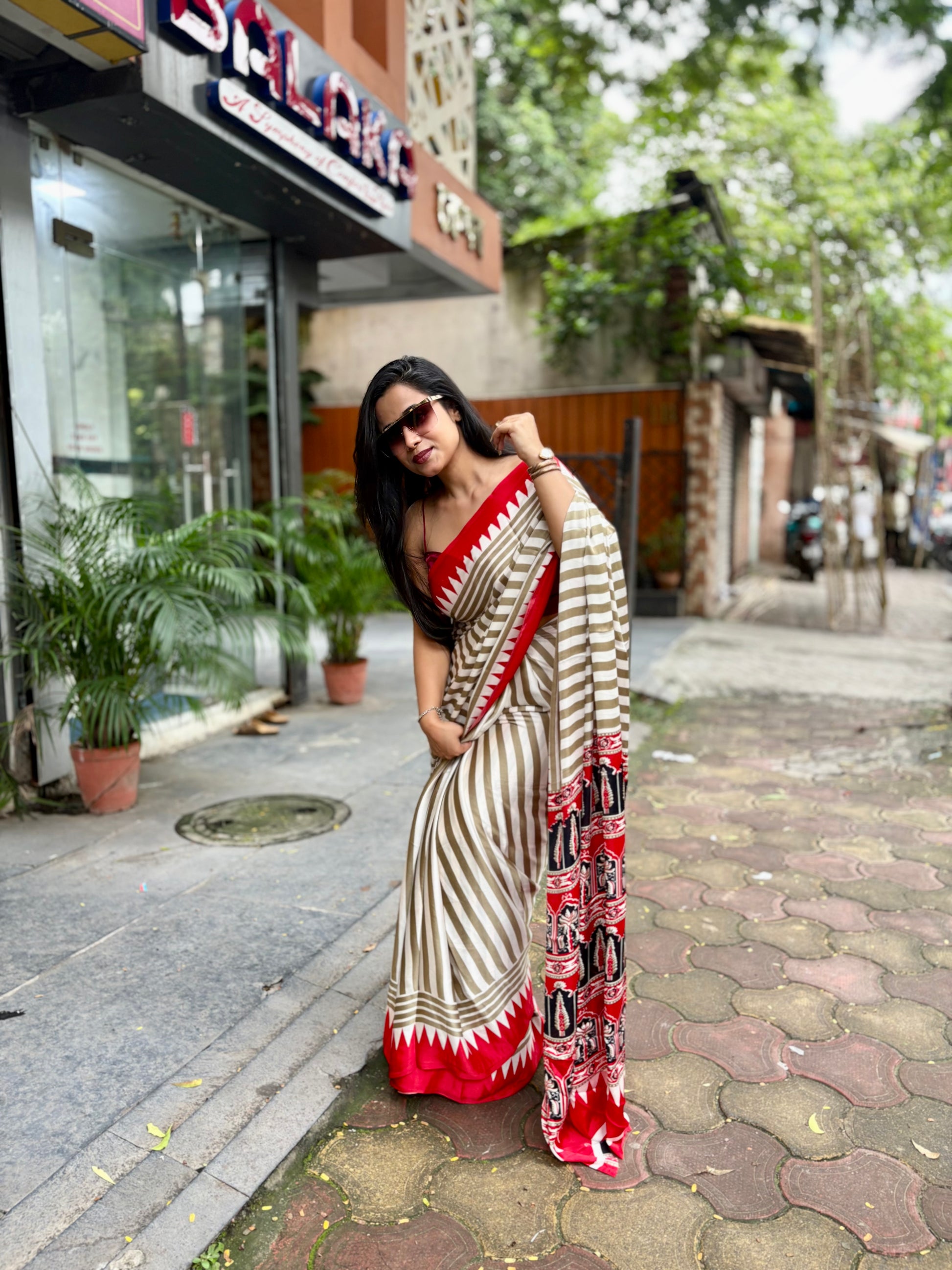 Ajrakh temple red pallu saree