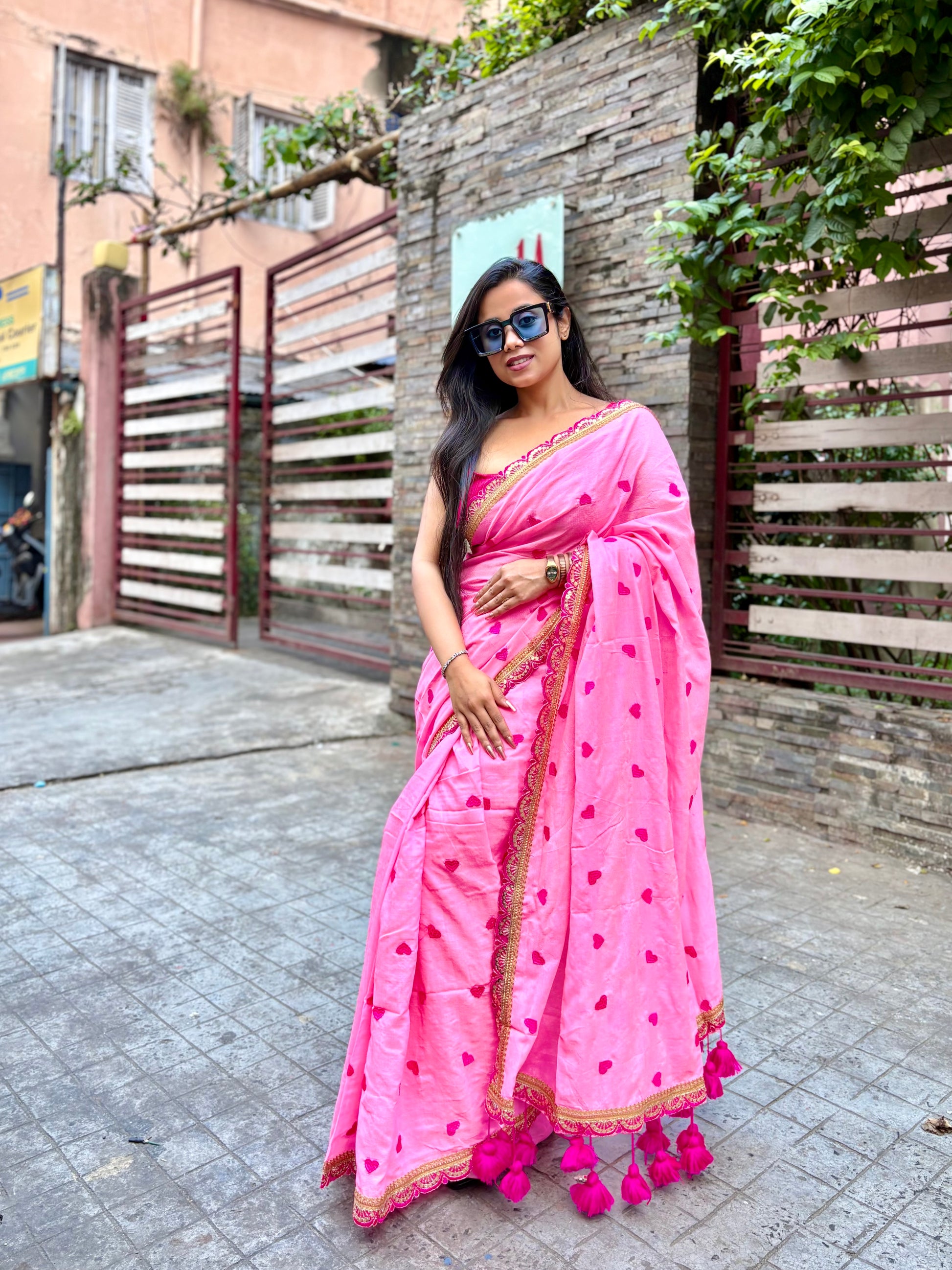 Heart Cotton Pink Saree with Scallop Zari Border