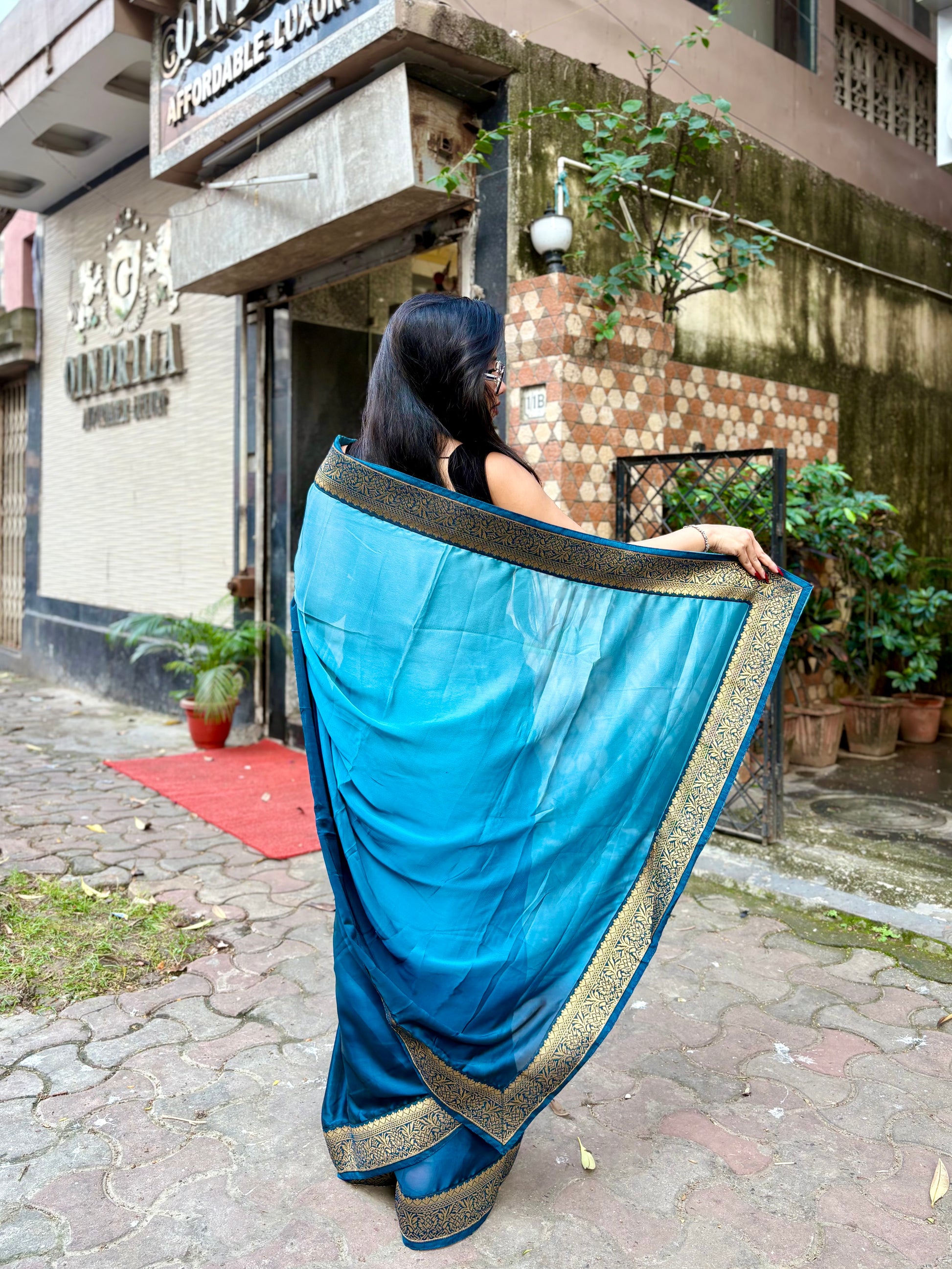 Blue Satin Georgette ombré saree