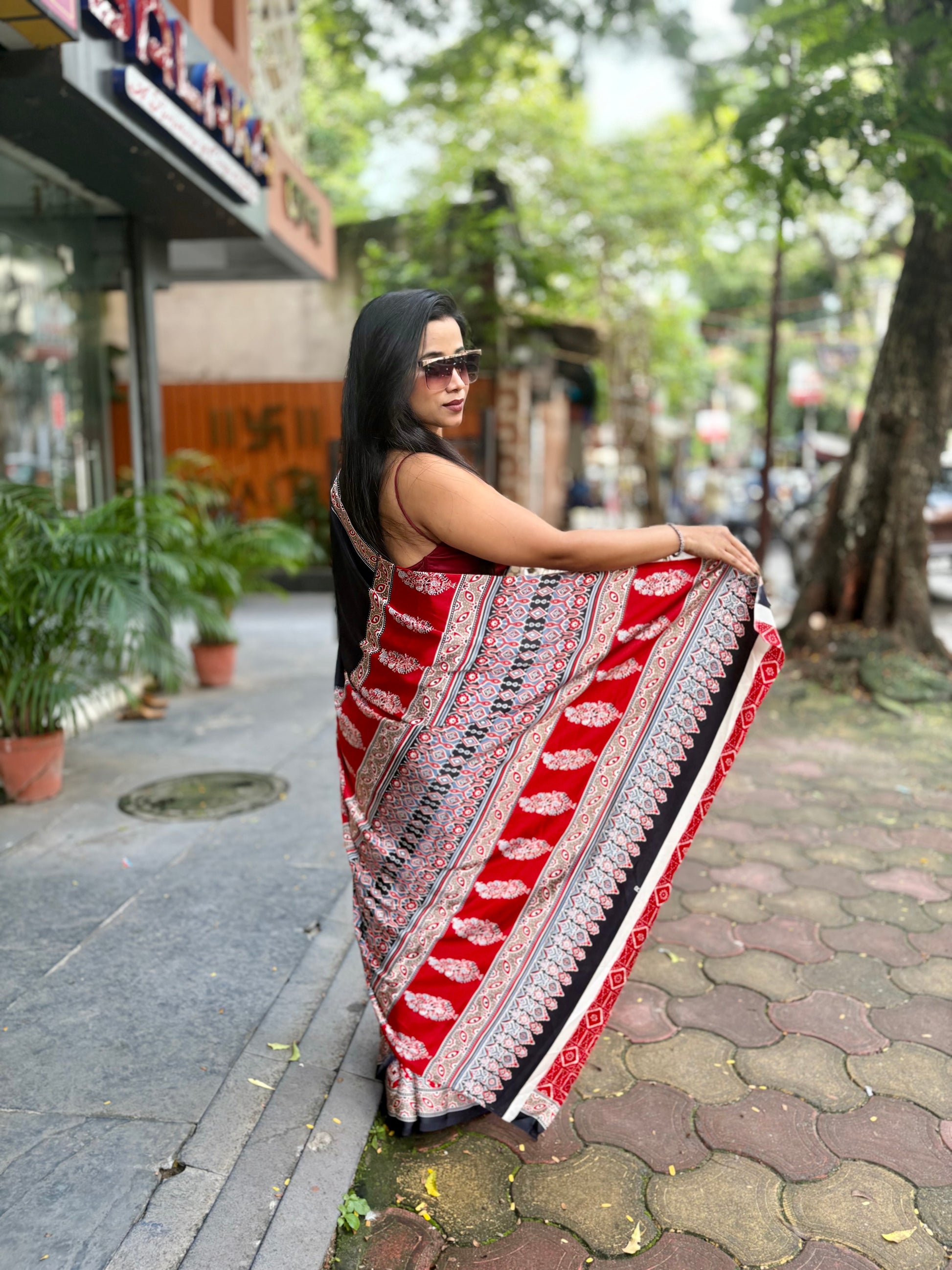 Ajrakh thick border saree