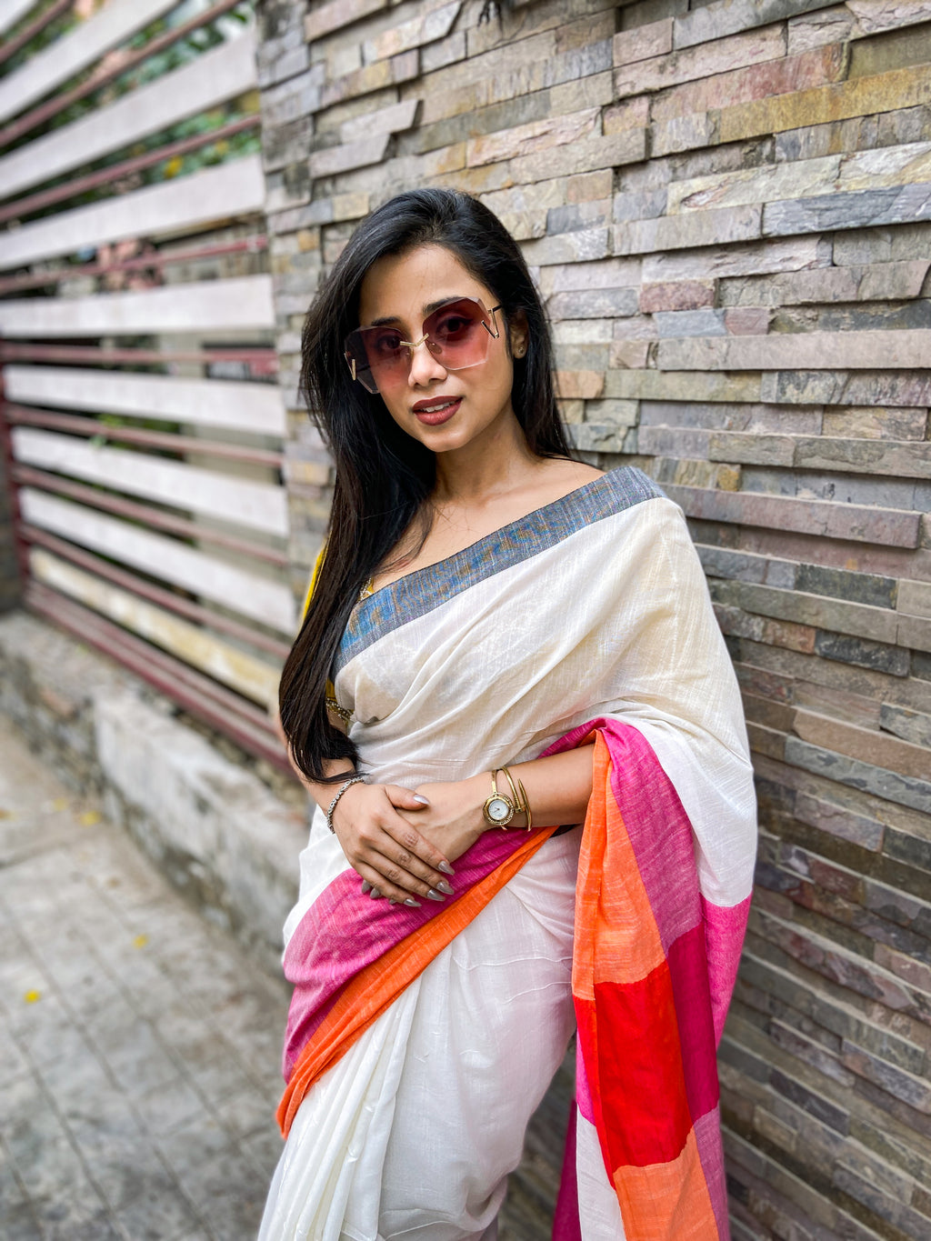 Tricolor Cotton Blend Sarees