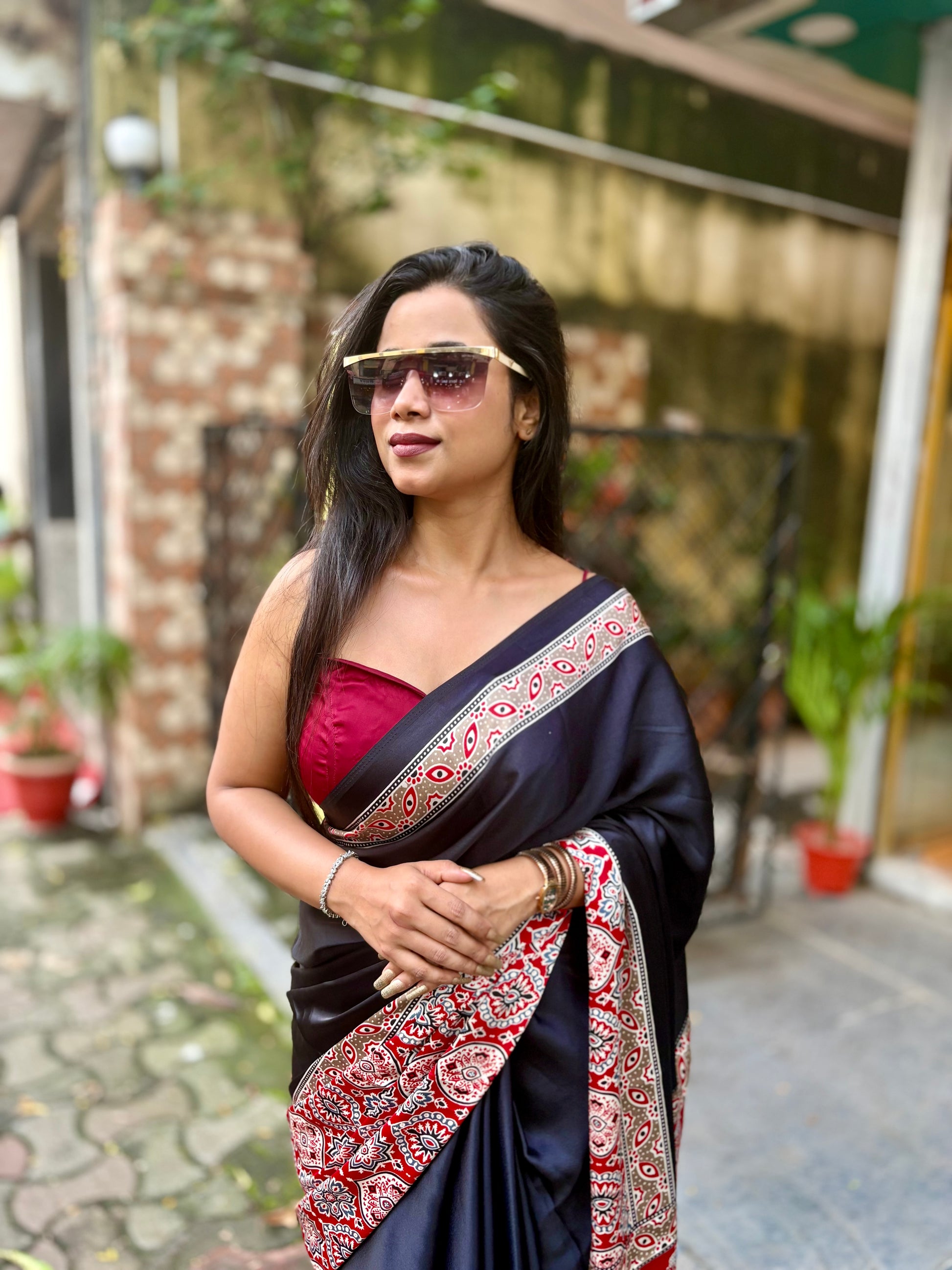 Ajrakh thick border saree