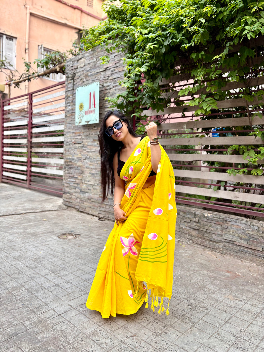 Hand painted lotus yellow saree