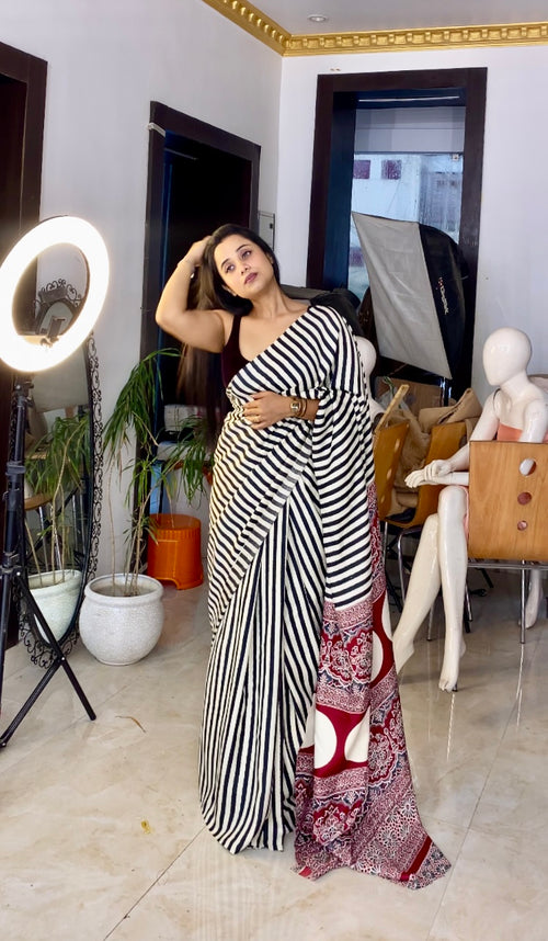 Ajrakh achal stripe saree