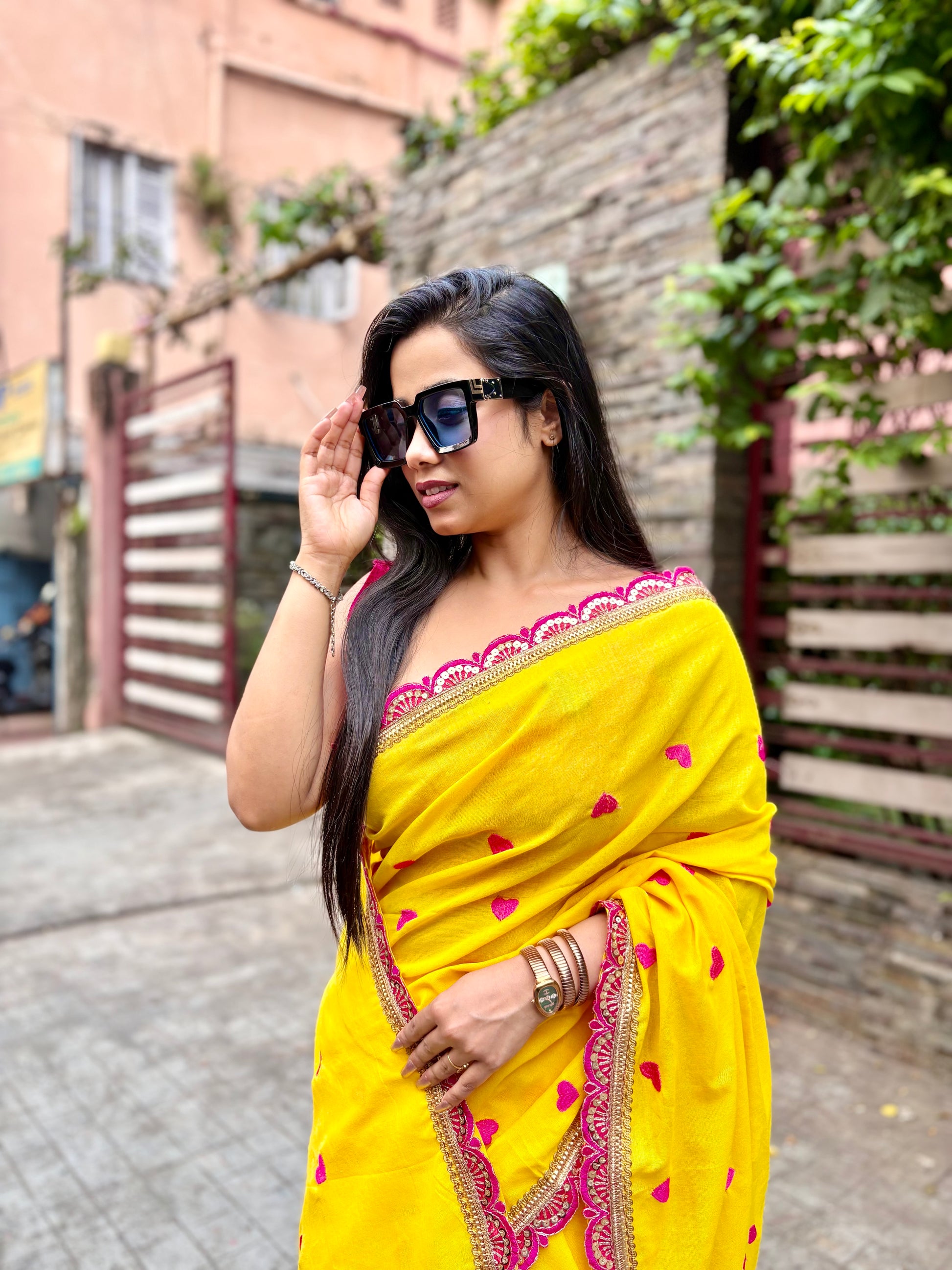 Heart Cotton Yellow Saree with Scallop Zari Border