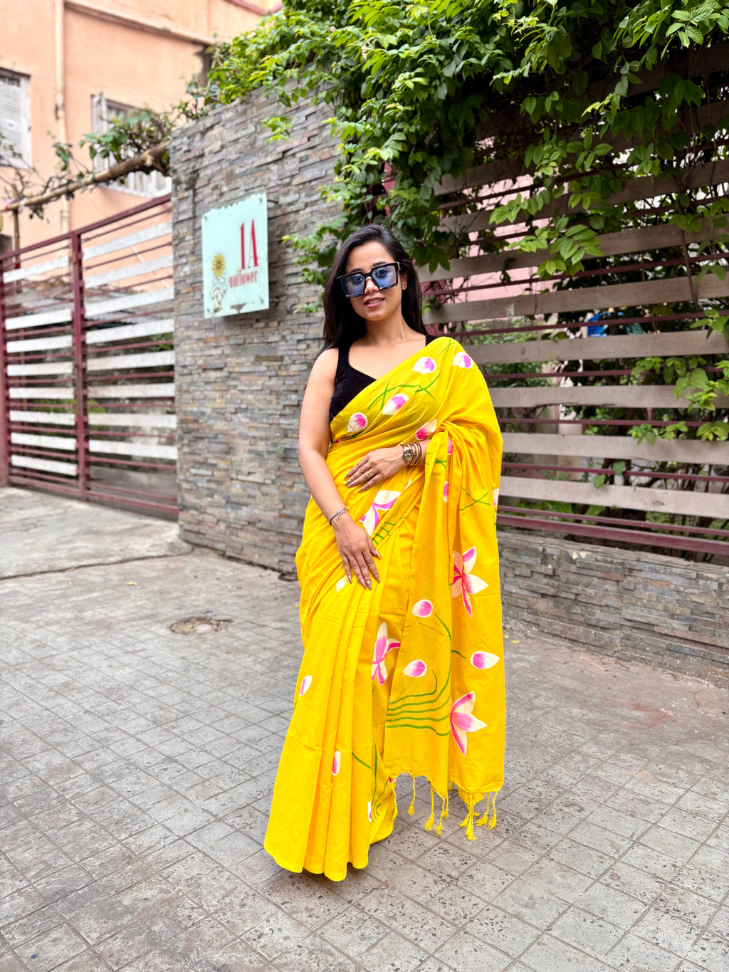 Hand painted lotus yellow saree