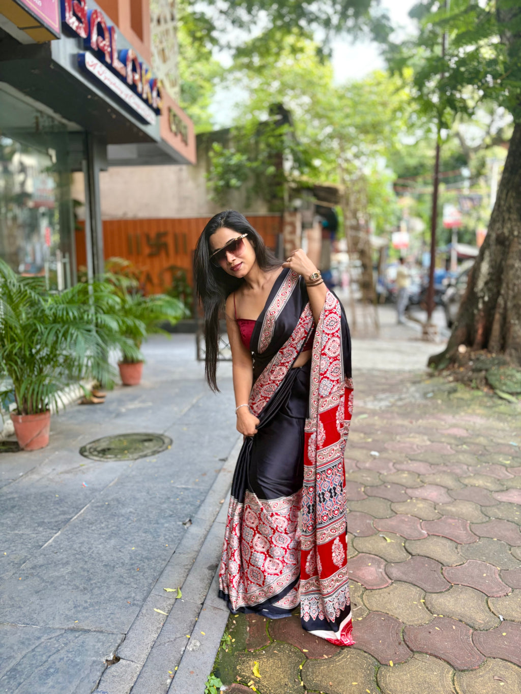 Ajrakh thick border saree