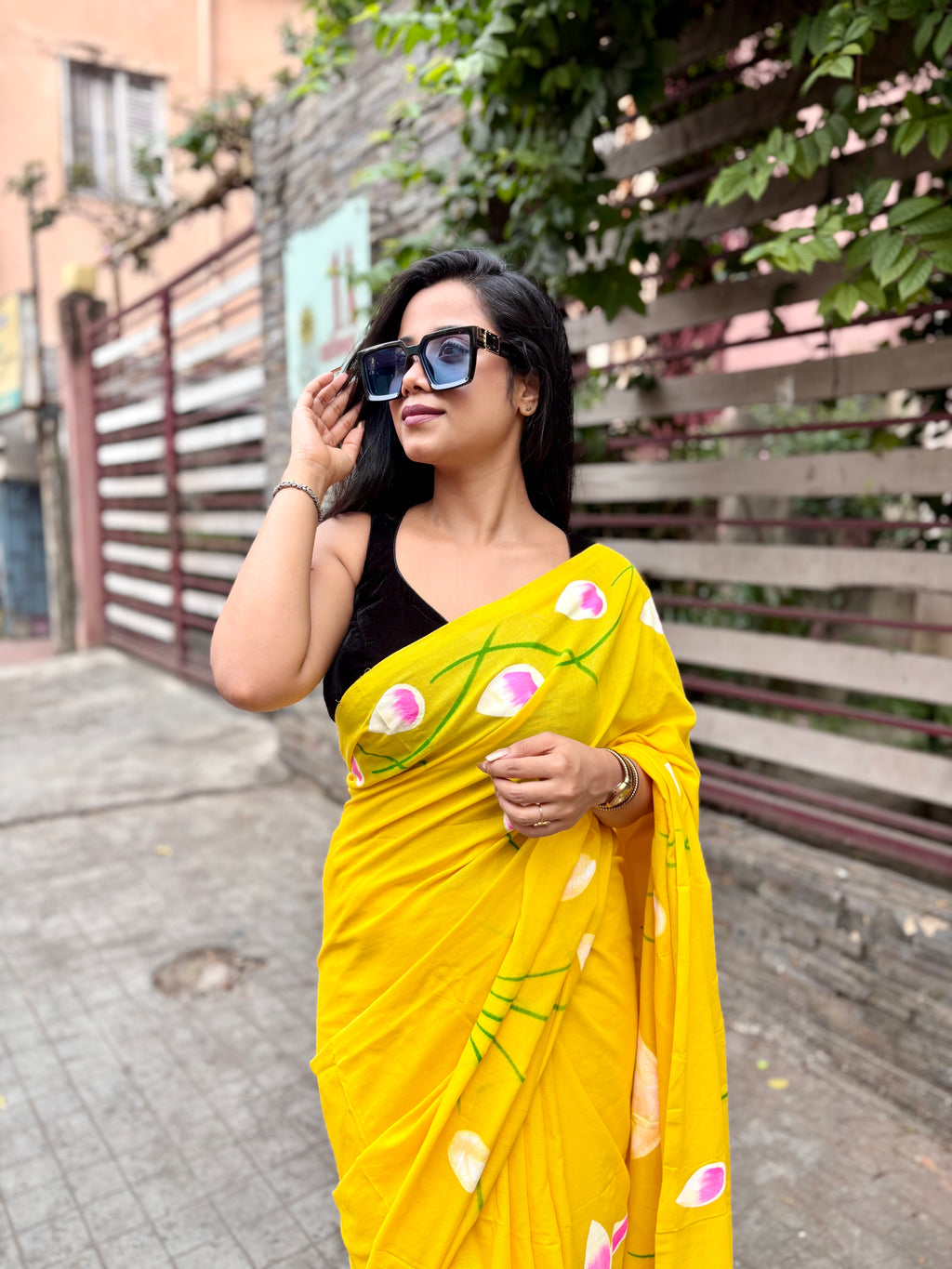 Hand painted lotus yellow saree