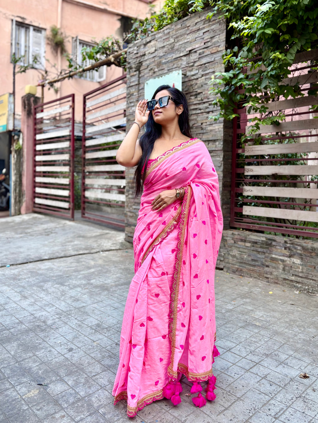 Heart Cotton Pink Saree with Scallop Zari Border