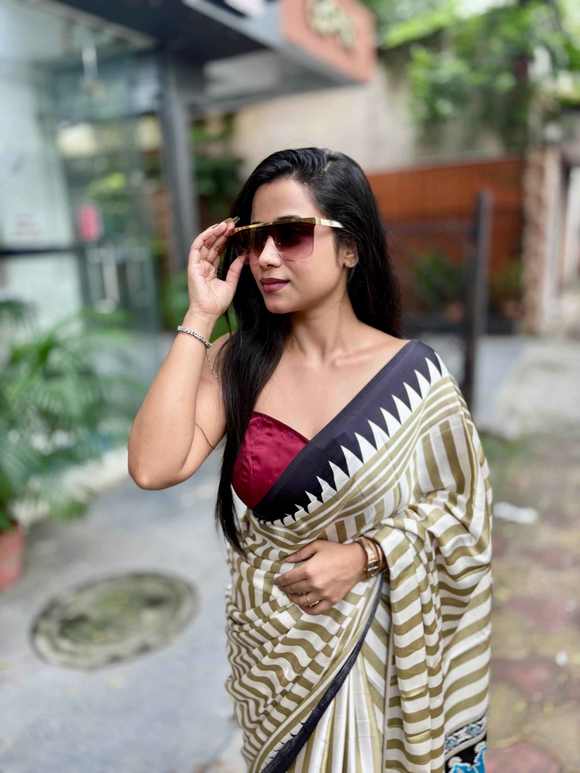 Ajrakh temple blue pallu saree