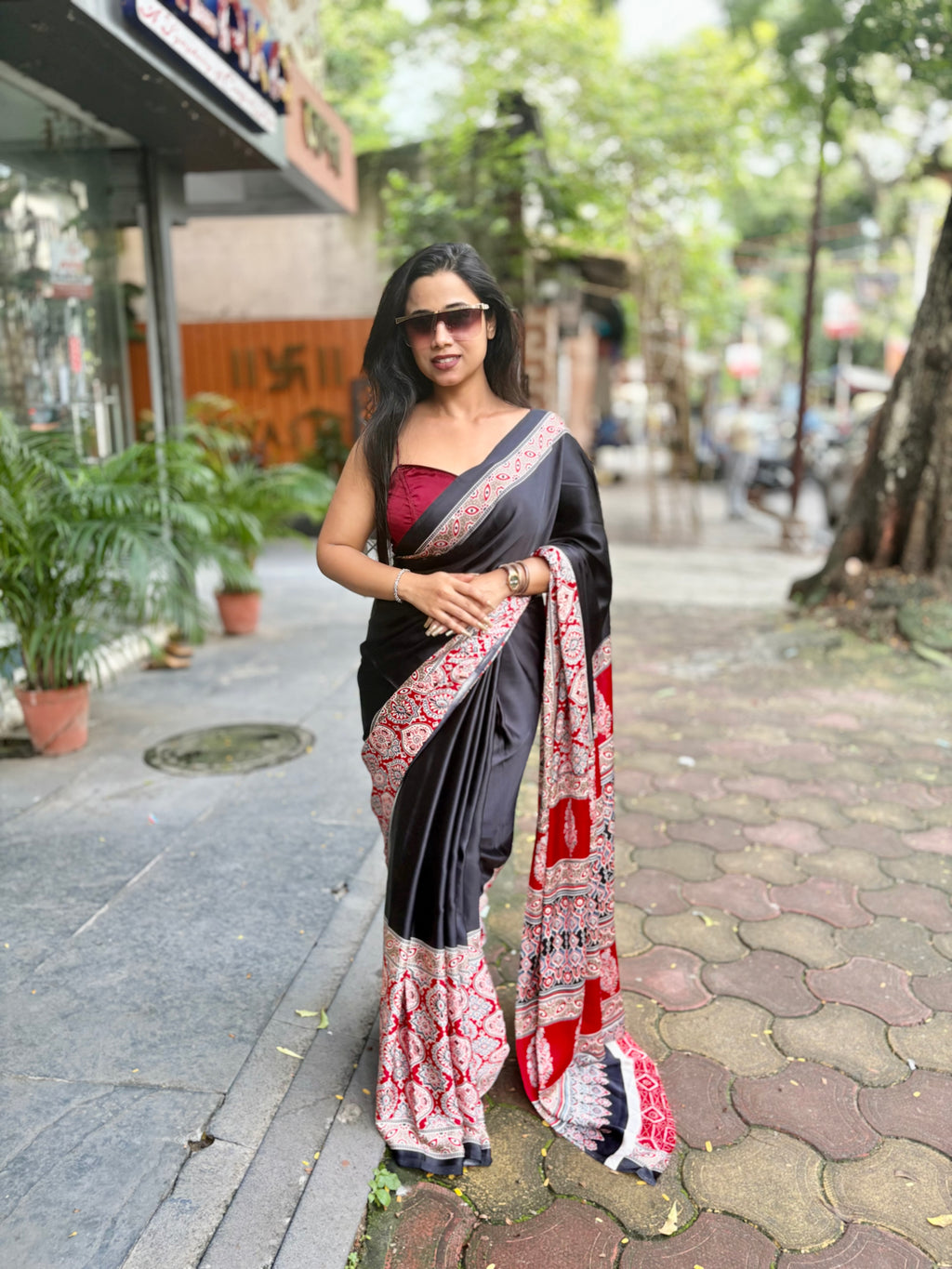 Ajrakh thick border saree