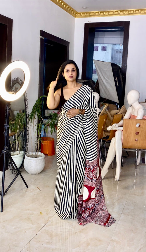 Ajrakh achal stripe saree