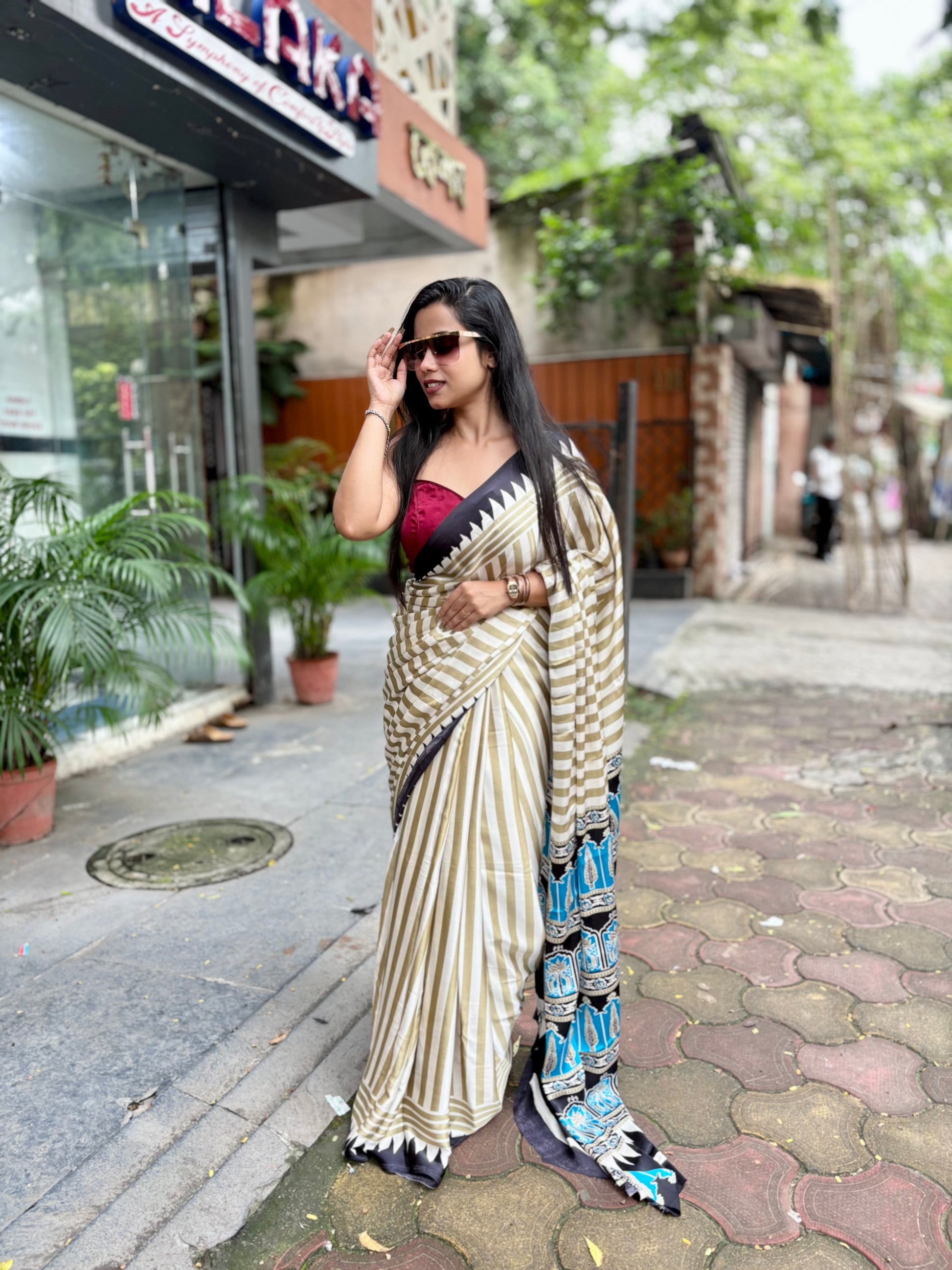 Ajrakh temple blue pallu saree
