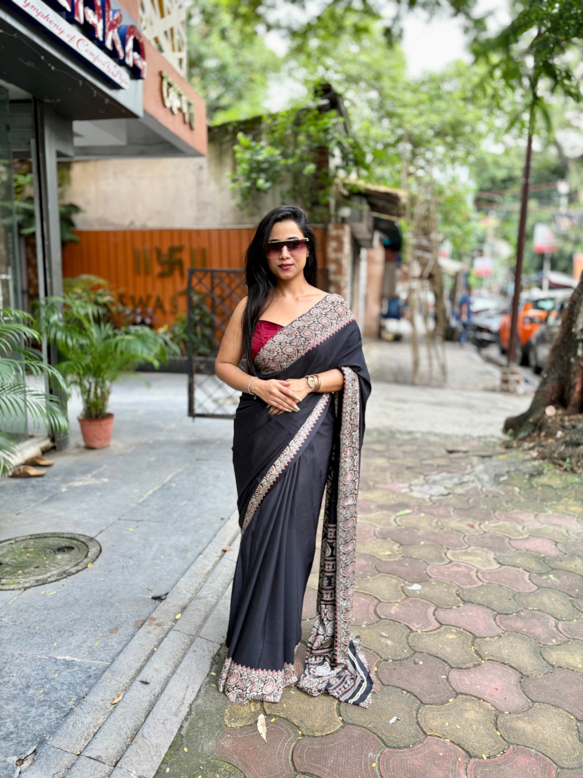 Ajrakh kolka saree