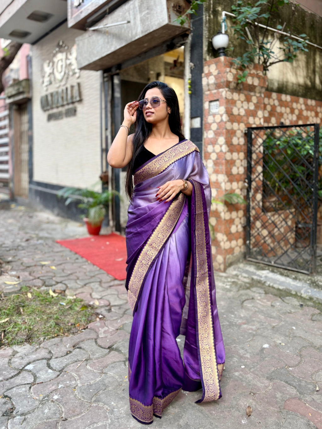 Purple Satin Georgette ombré saree